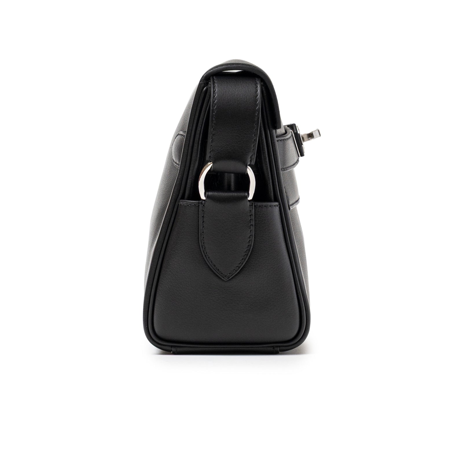 Side profile of Hermès Kelly Messenger PM Black Evergrain Palladium Hardware showing leather texture and strap ring