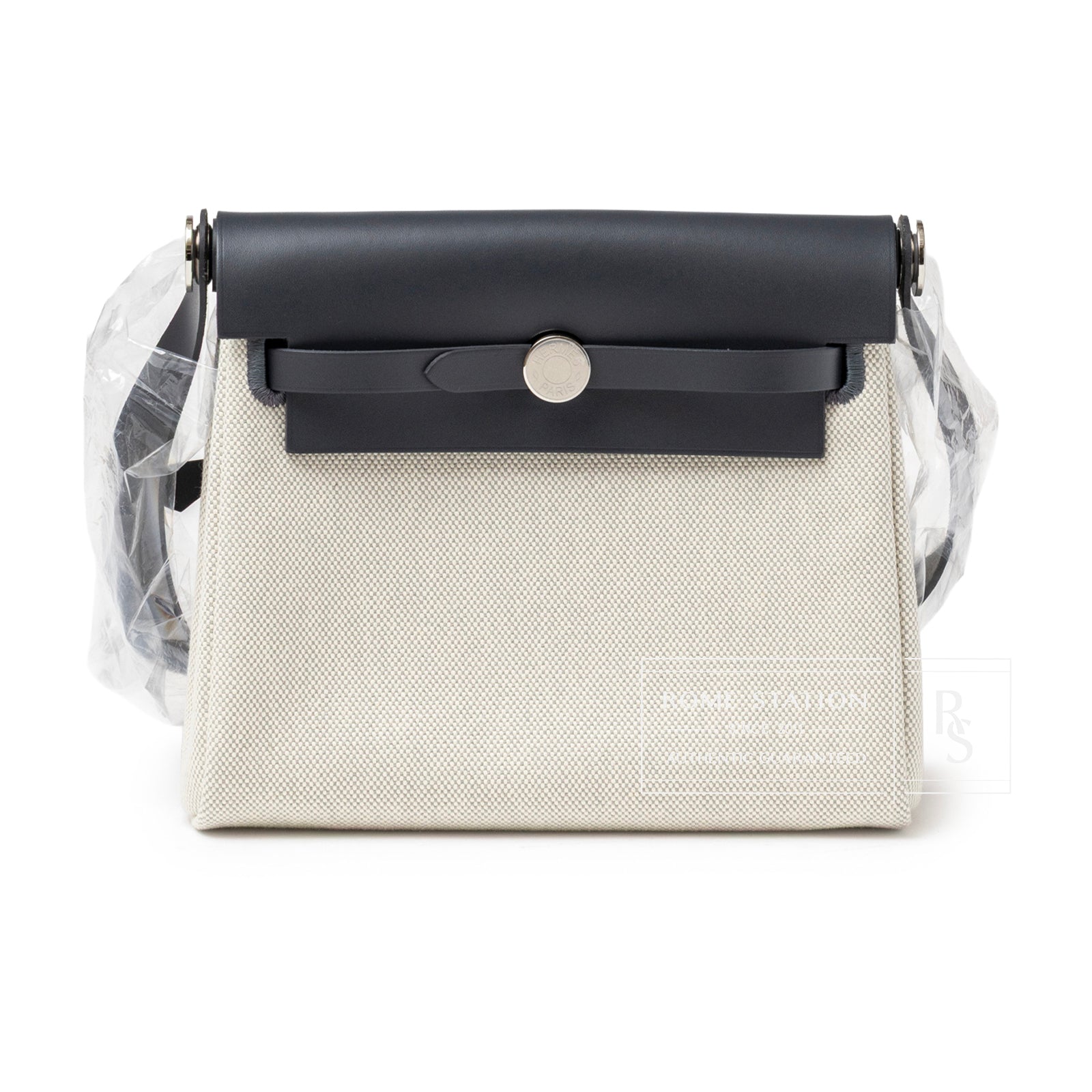 Front view of Hermès Mini Herbag Zip 20 Ecru-Blue Glacier/Ardoise Toile and Vache Hunter Palladium Hardware