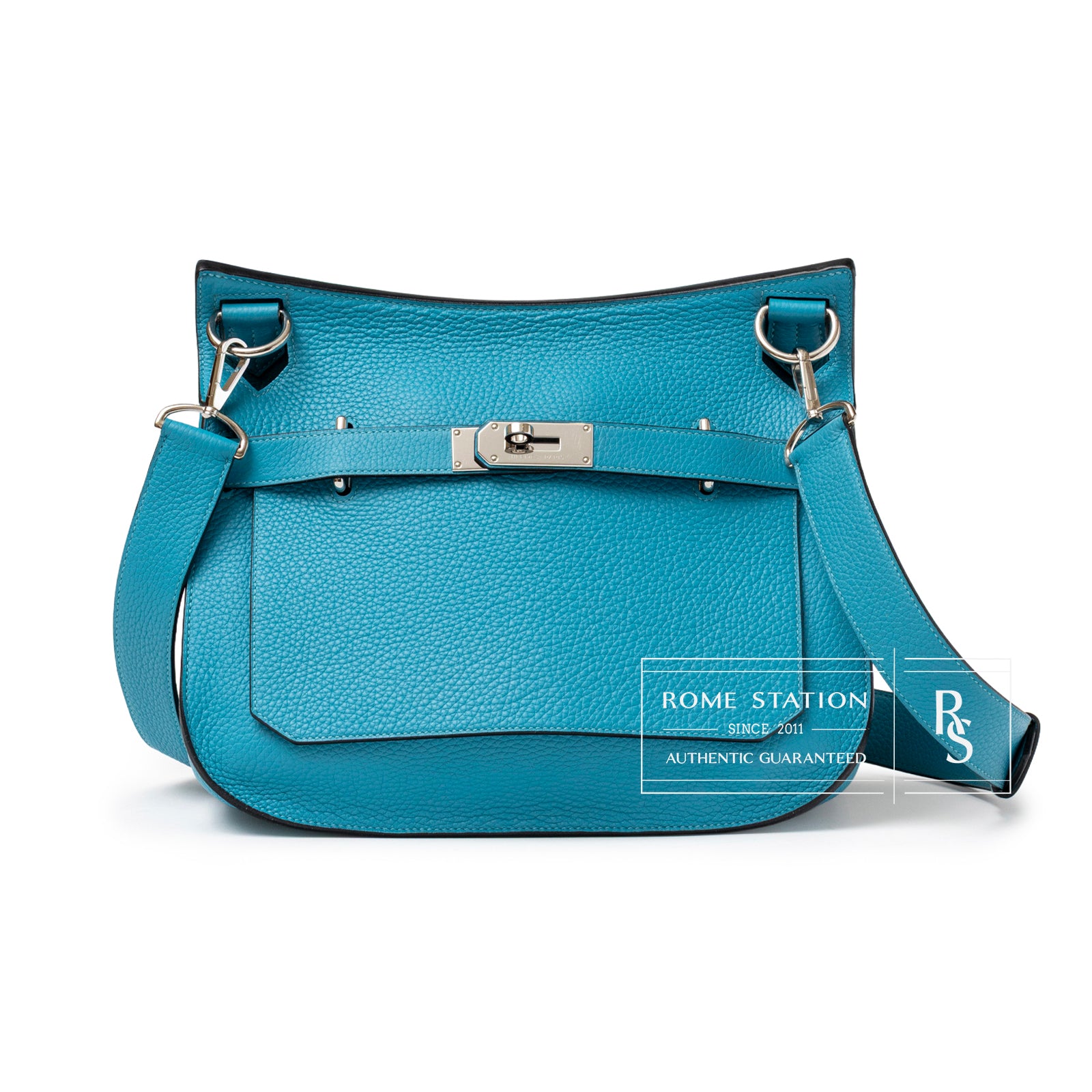 Front view of Hermès Jypsiere 31 Turquoise Clemence Palladium Hardware with detachable strap and flap pocket