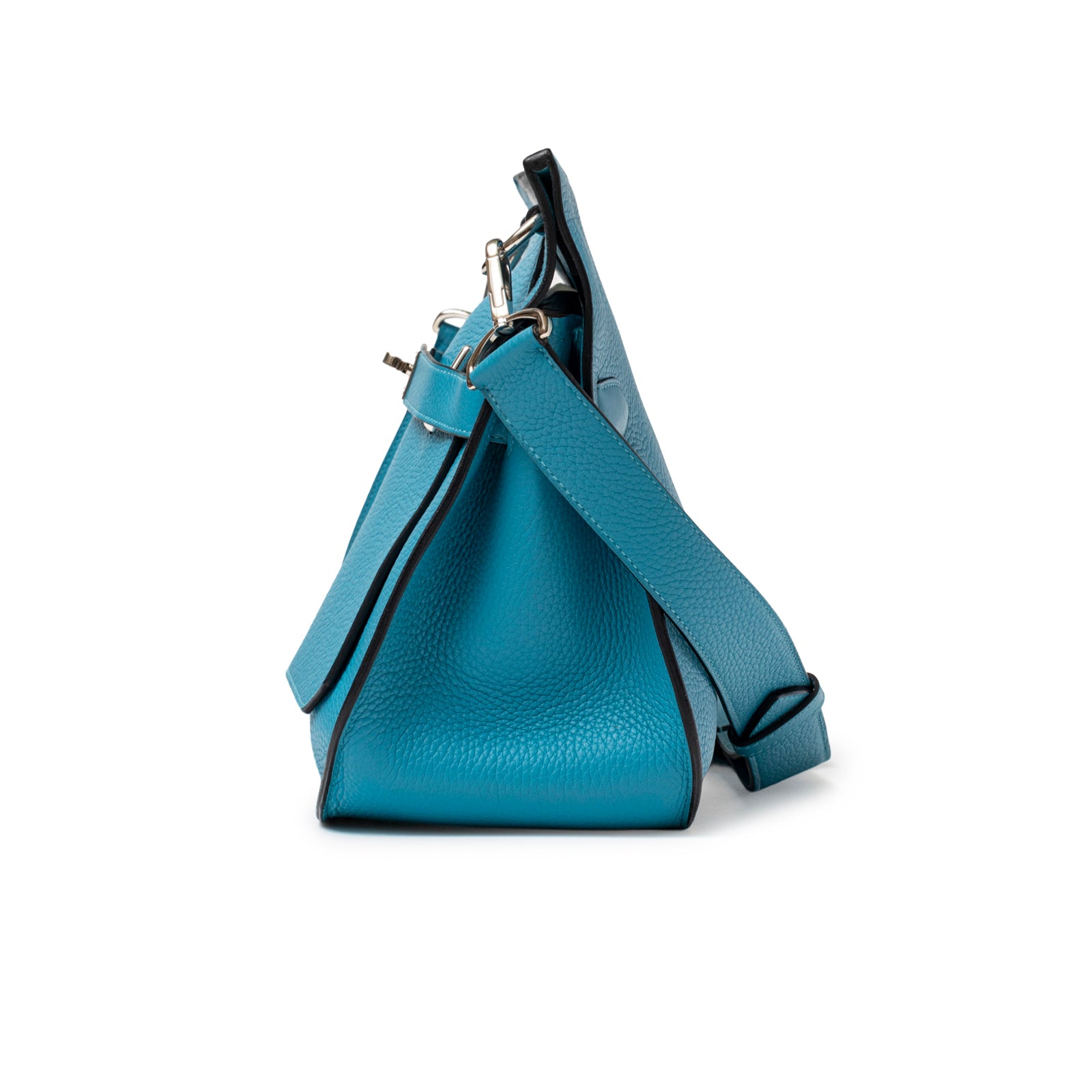Side view of Hermès Jypsiere 31 Turquoise Clemence Palladium Hardware showing textured leather strap detail