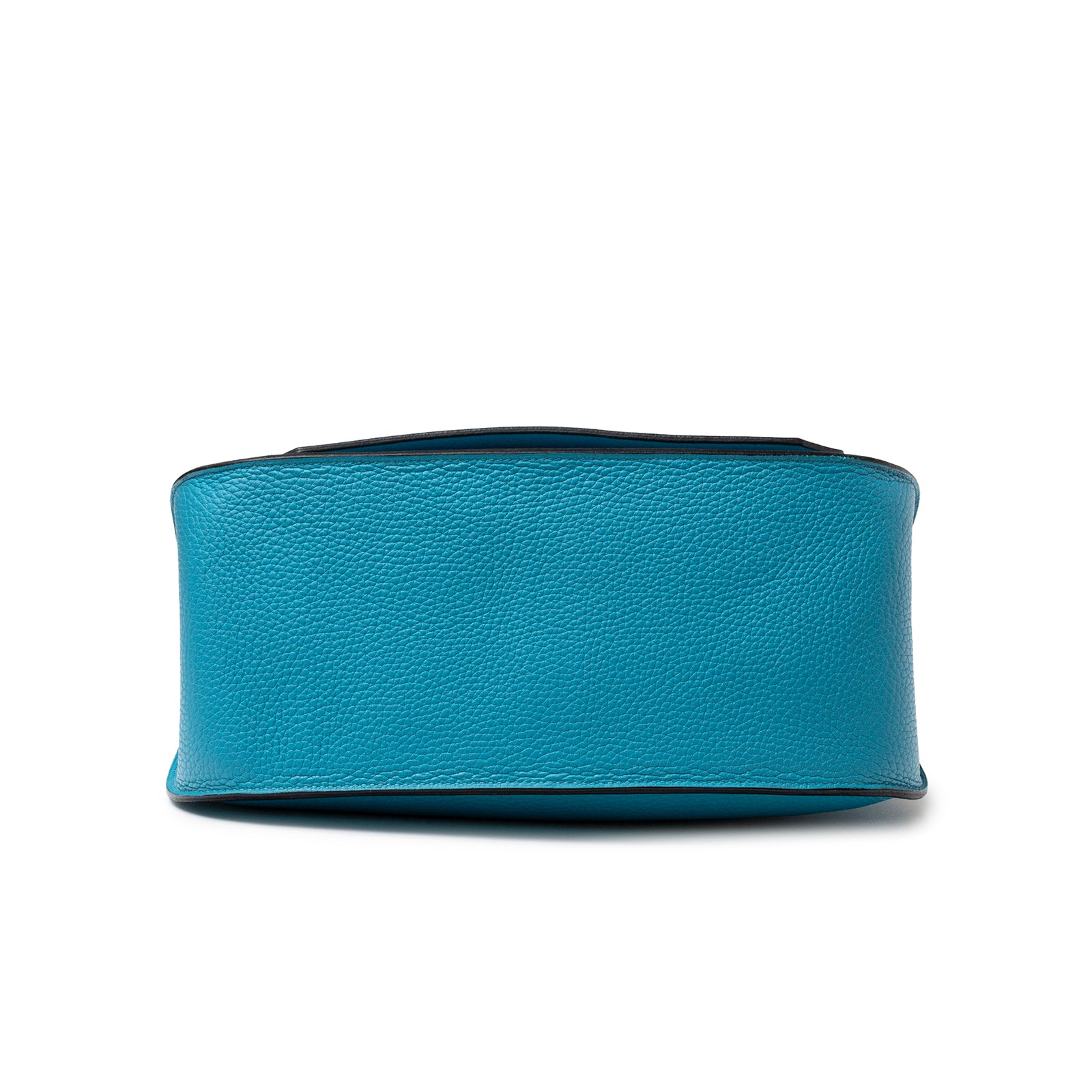 Bottom view of Hermès Jypsiere 31 Turquoise Clemence Palladium Hardware showing textured leather base