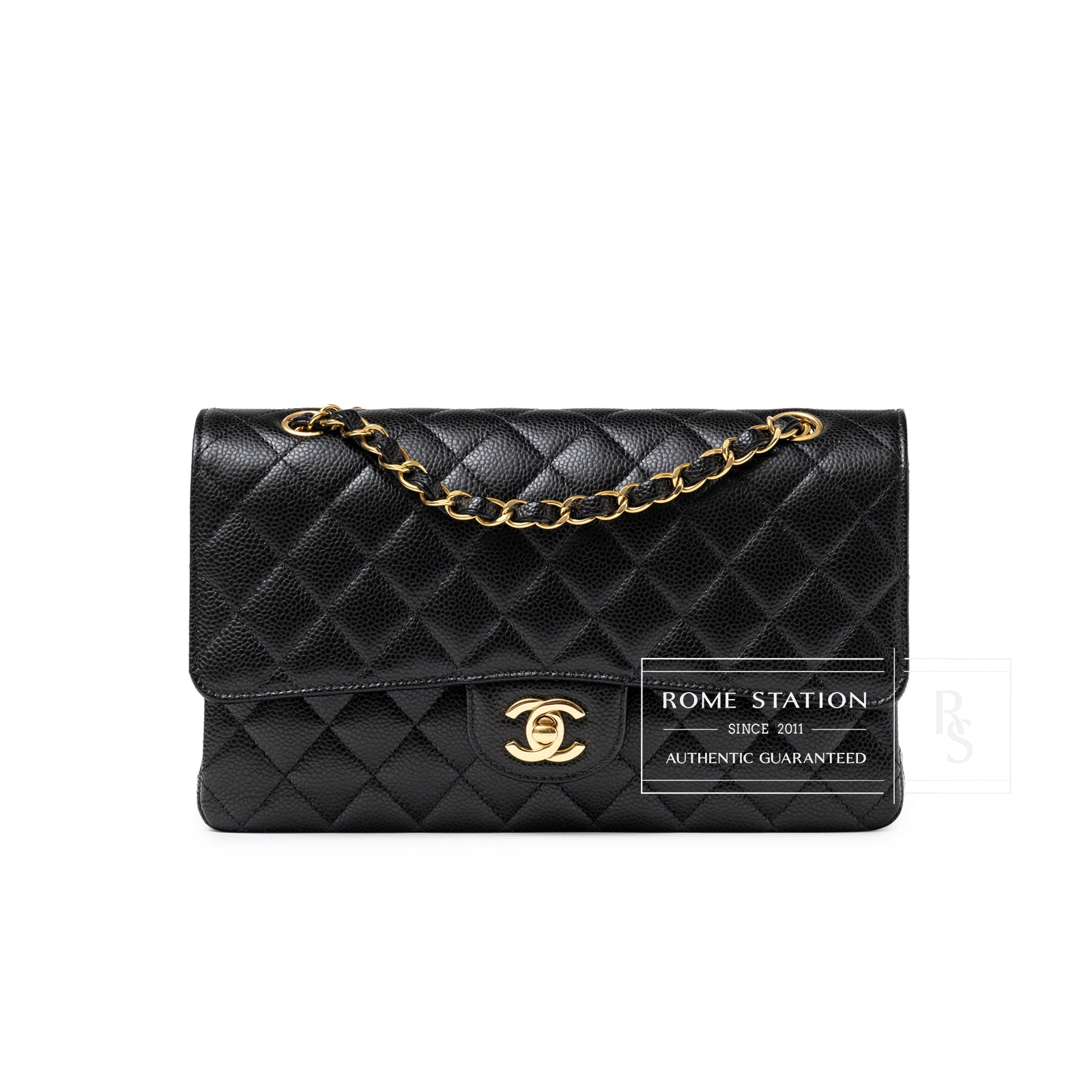 Front view of Chanel Classic Flap Medium Caviar Black Gold Hardware with signature quilted pattern and chain strap