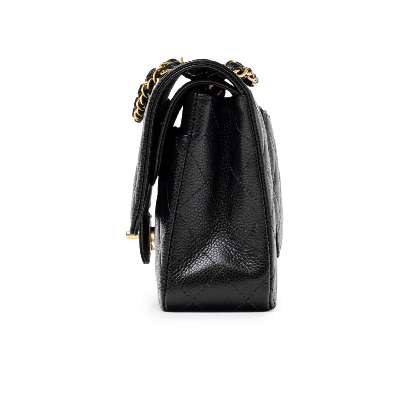 Side view of Chanel Classic Flap Medium Caviar Black Gold Hardware showing textured leather and chain strap