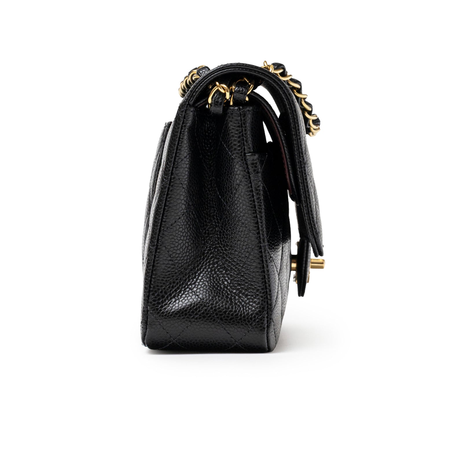 Side view of Chanel Classic Flap Medium Caviar Black Gold Hardware showing textured leather and chain strap detail