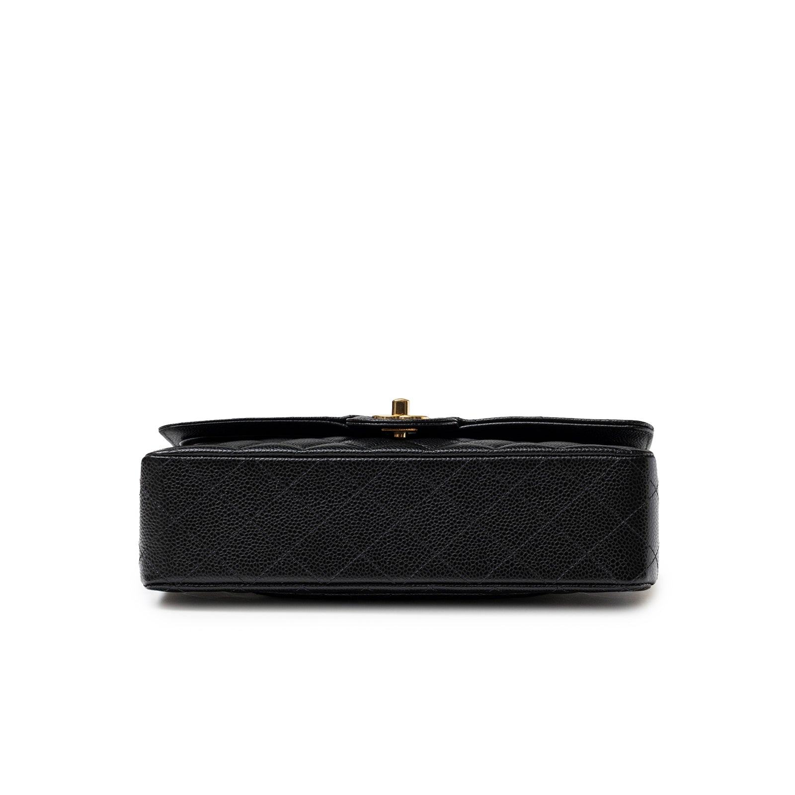 Bottom view of Chanel Classic Flap Medium Caviar Black Gold Hardware showing textured leather base in square image
