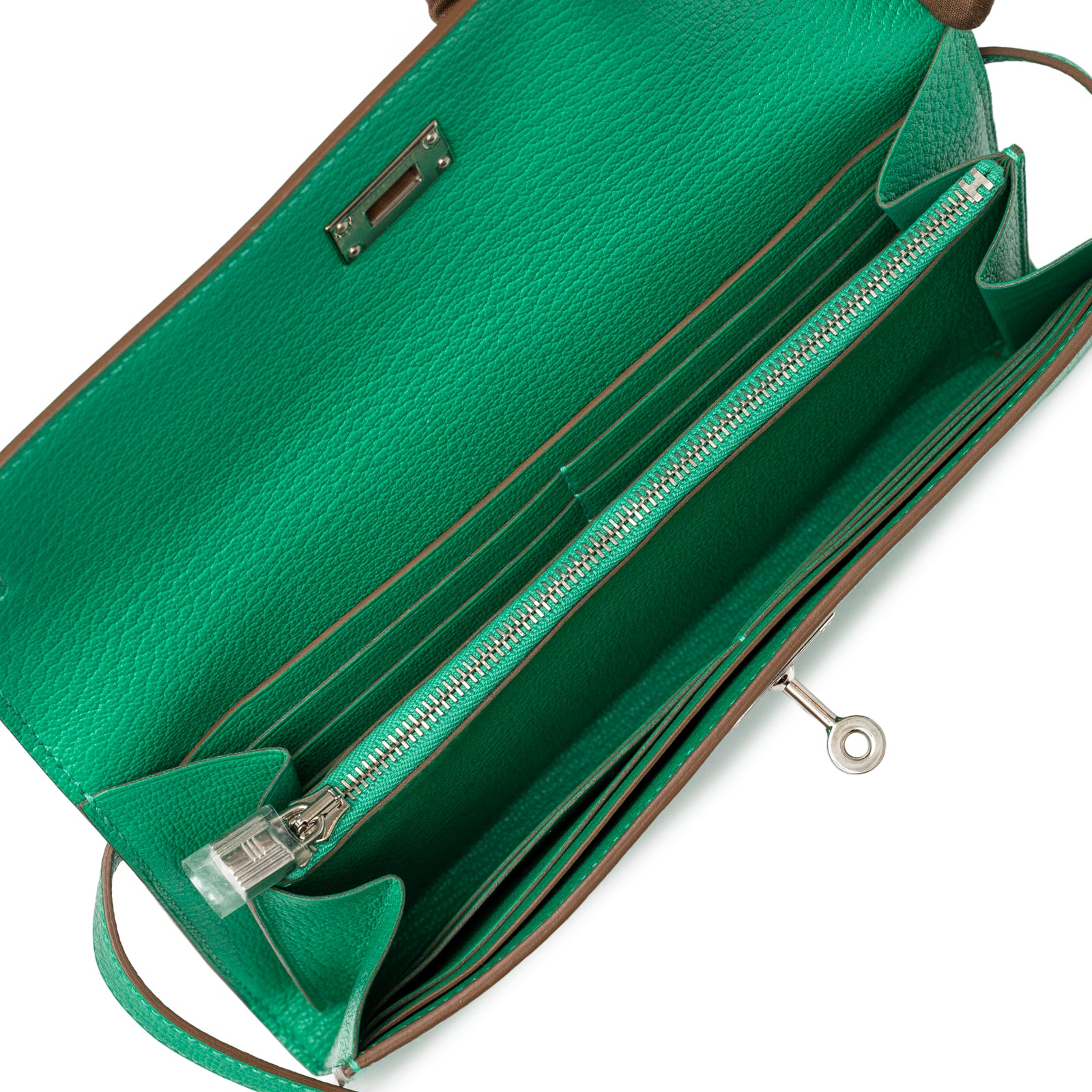 Interior view of Hermès Kelly Long Wallet Menthe Chevre Mysore Palladium Hardware with zippered compartment visible