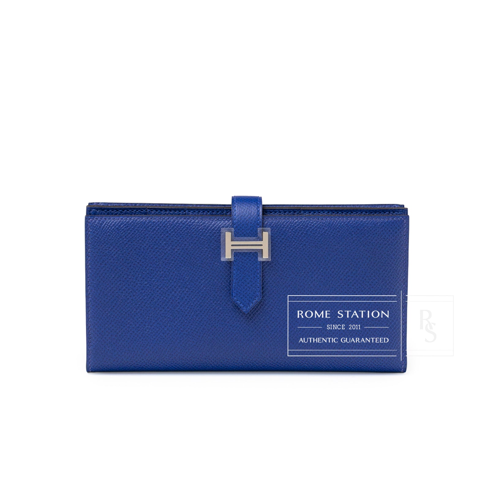 Front view of Hermès Bearn Wallet Blue Electric Epsom Palladium Hardware with signature H clasp