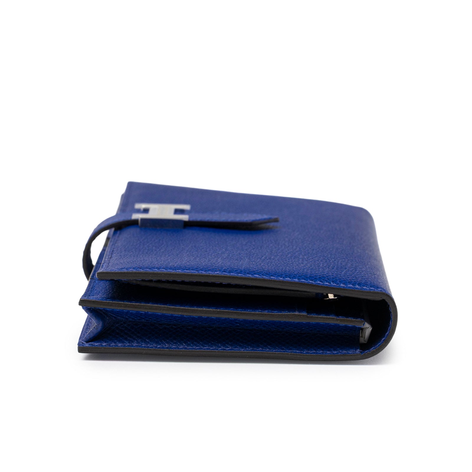 Side view of Hermès Bearn Wallet Blue Electric Epsom Palladium Hardware showing folded profile and clasp detail