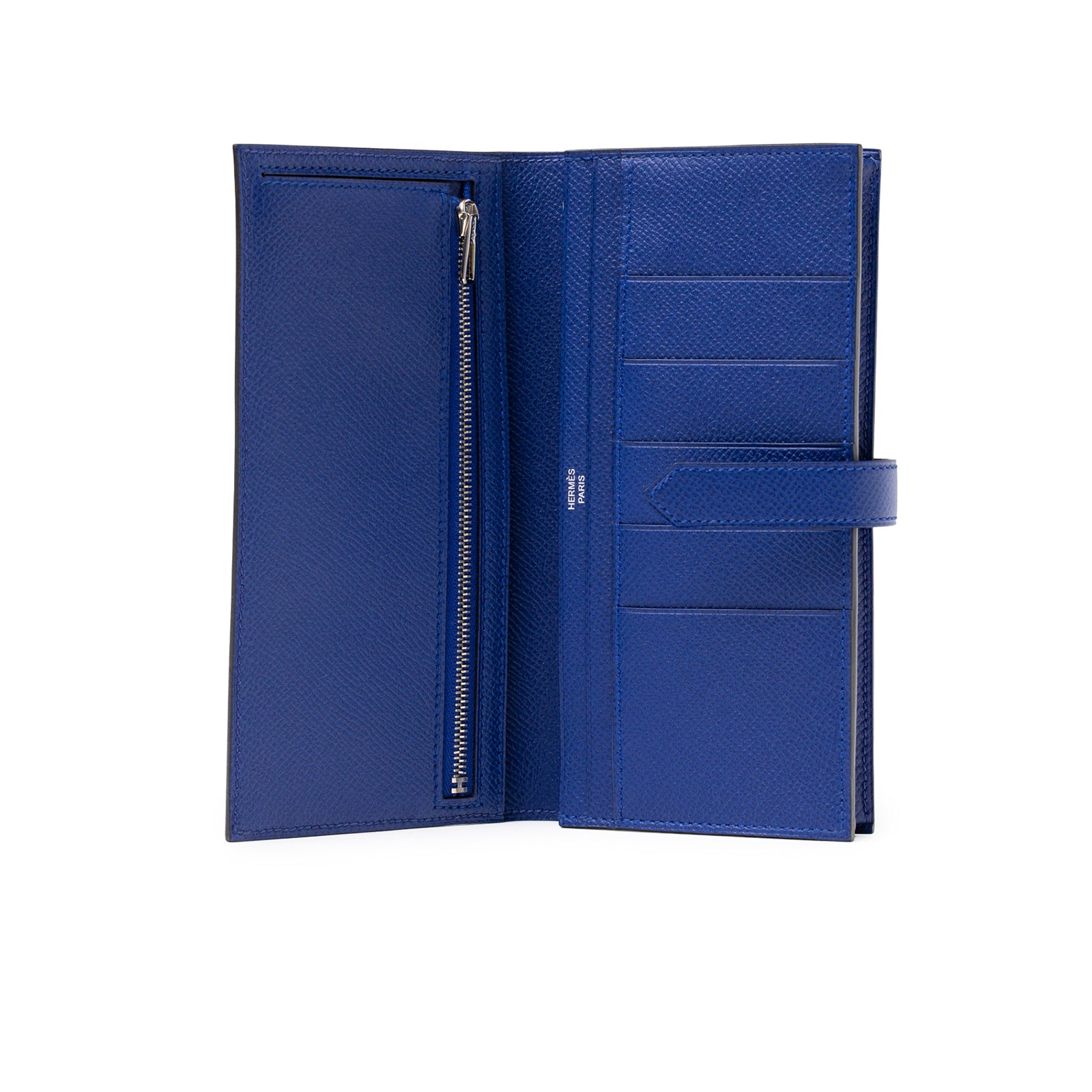 Open front view of Hermès Bearn Wallet Blue Electric Epsom Palladium Hardware with zippered compartment and card slots