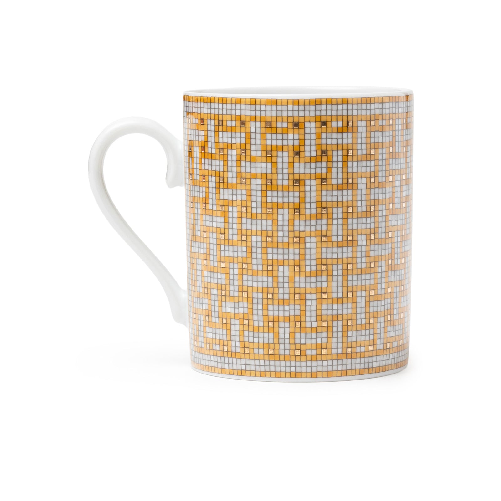 Side view of Hermès Mosaique au 24 Gold Mug showing intricate gold mosaic pattern and curved handle