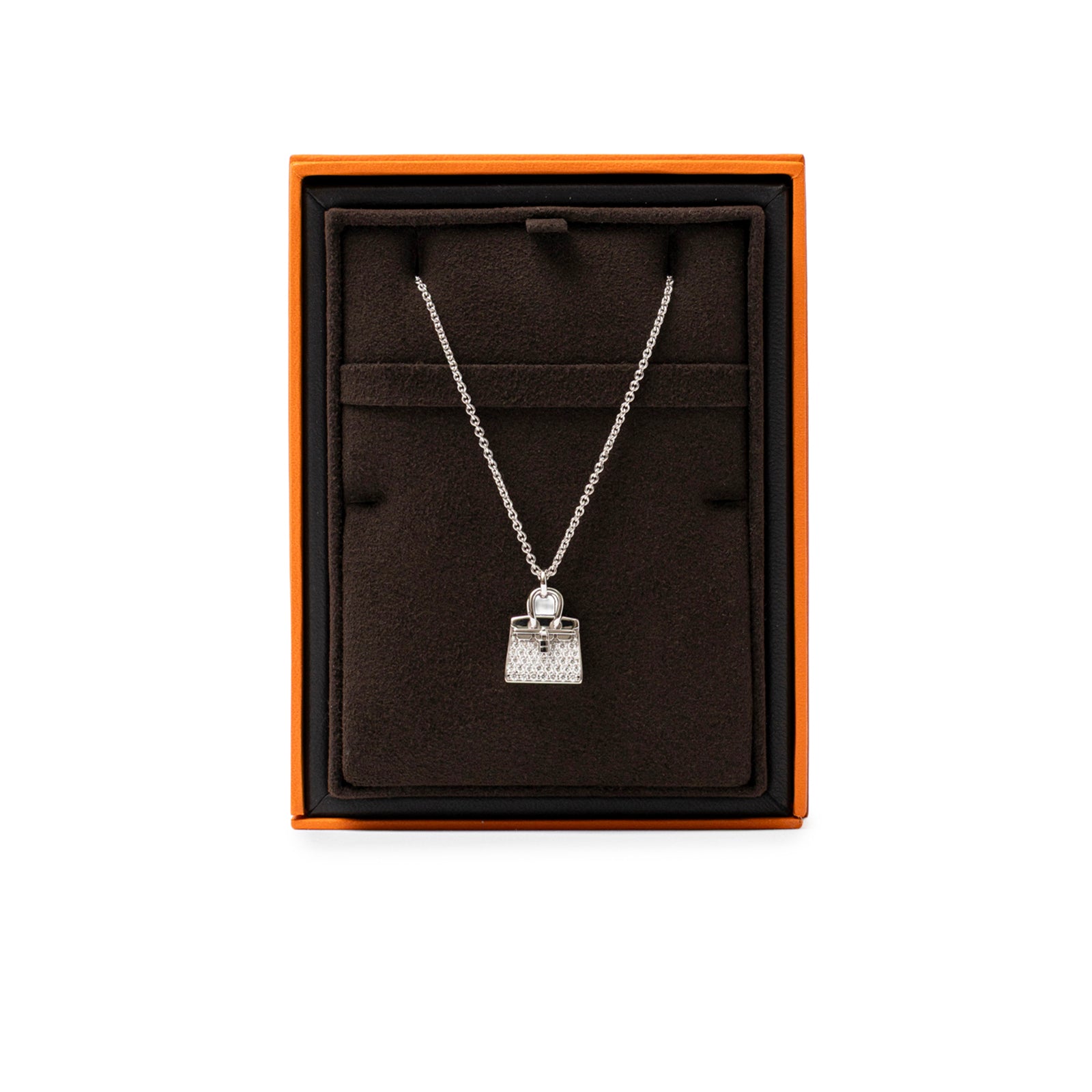 Hermès Amulettes Birkin Pendant Diamonds and 18k White Gold in original box with chain displayed