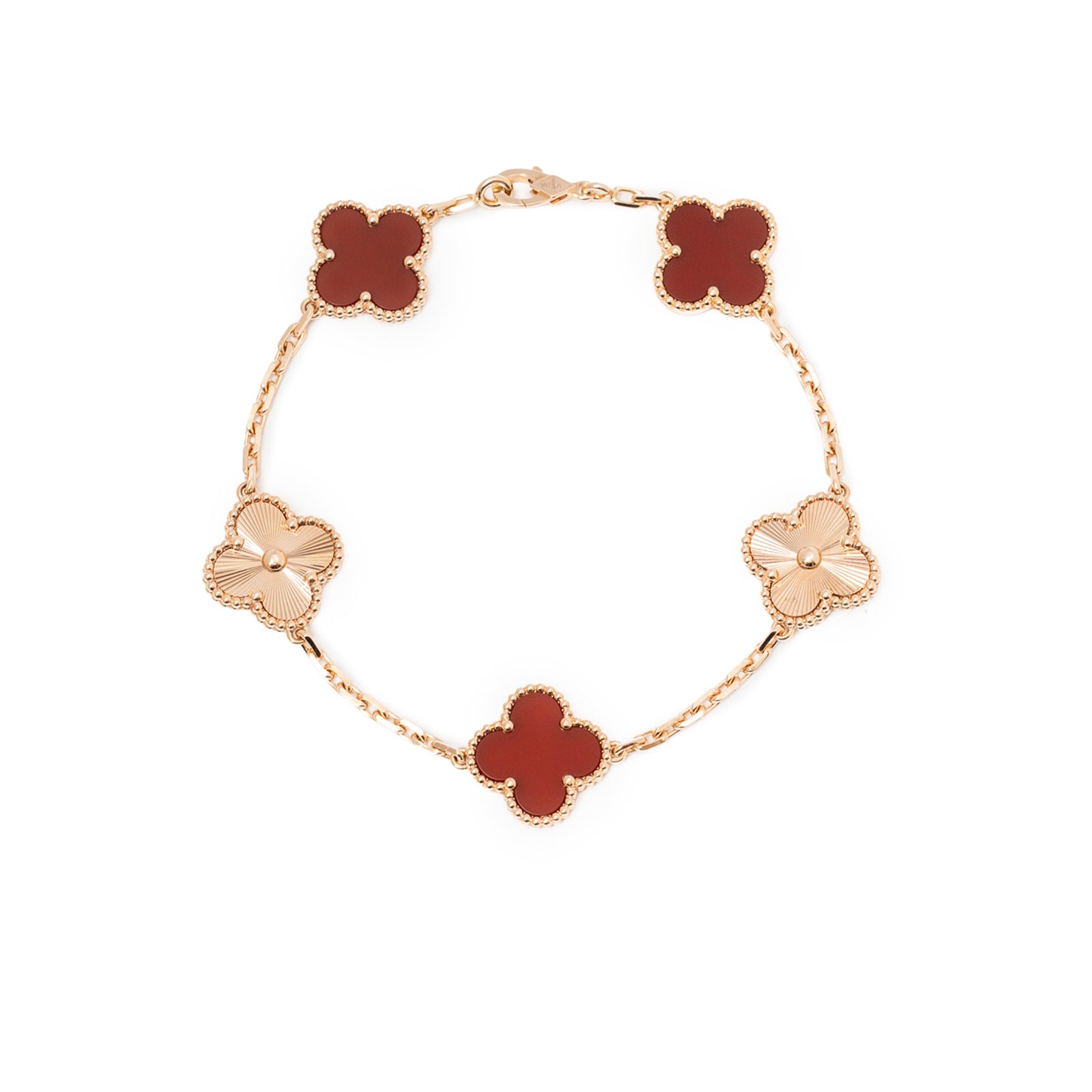 Top-down view of Van Cleef & Arpels Vintage Alhambra 5 Motifs Bracelet 18K Rose Gold Carnelian/Guilloche