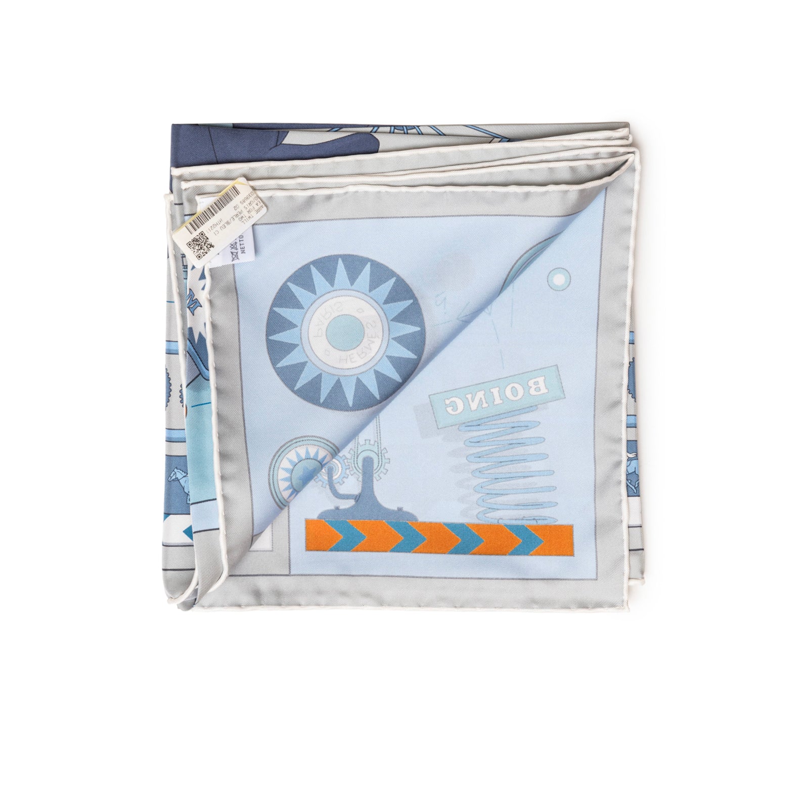 Top-down view of folded Hermès Carre Scarf 90 Tea for Two Gris Perle/Blue Ciel/Blue Jean showing intricate print and tag