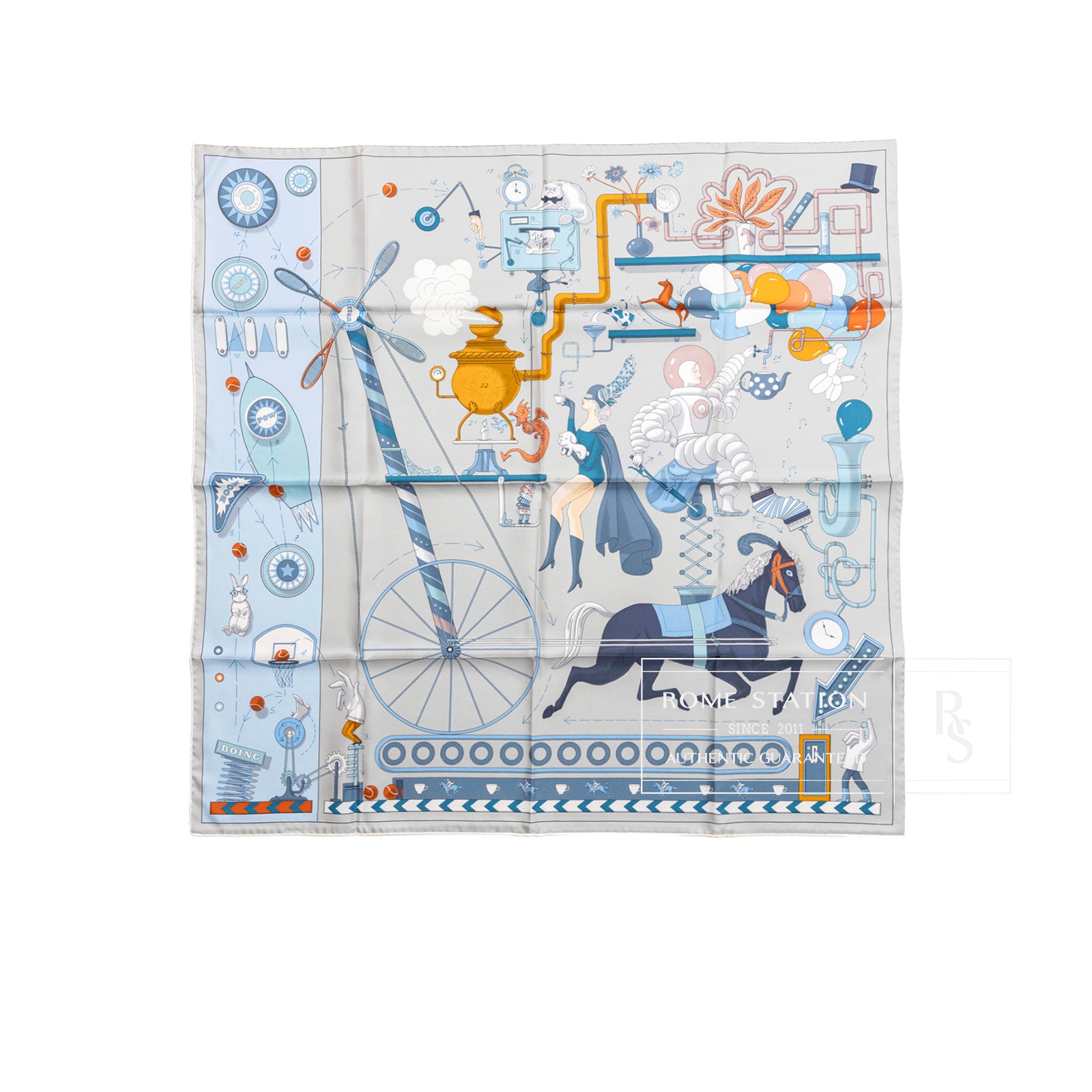 Top-down view of Hermès Carre Scarf 90 Tea for Two Gris Perle Blue Ciel Blue Jean with whimsical vintage design