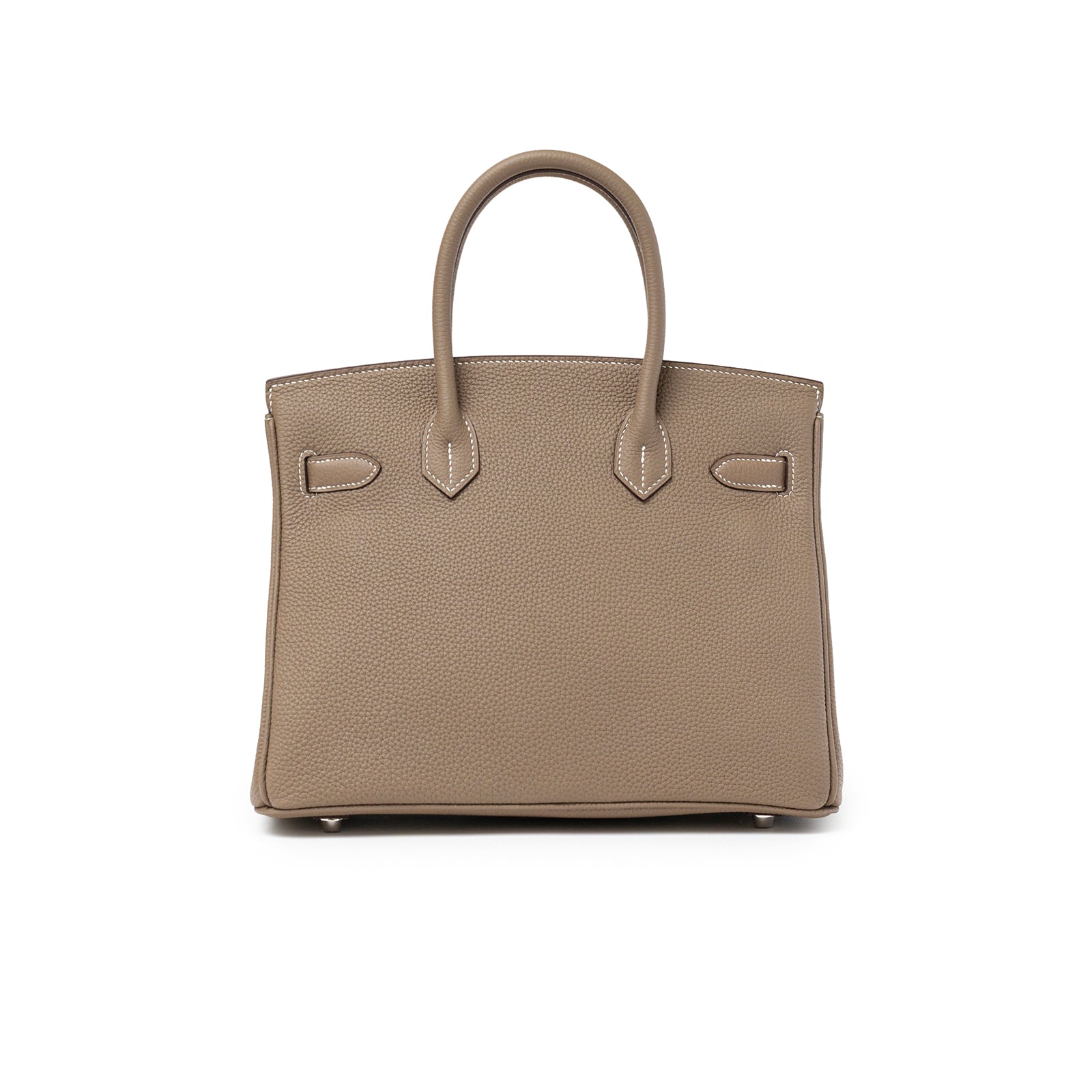 Back view of Hermès Birkin 30 Etoupe Togo Palladium Hardware showing taupe textured leather and handles
