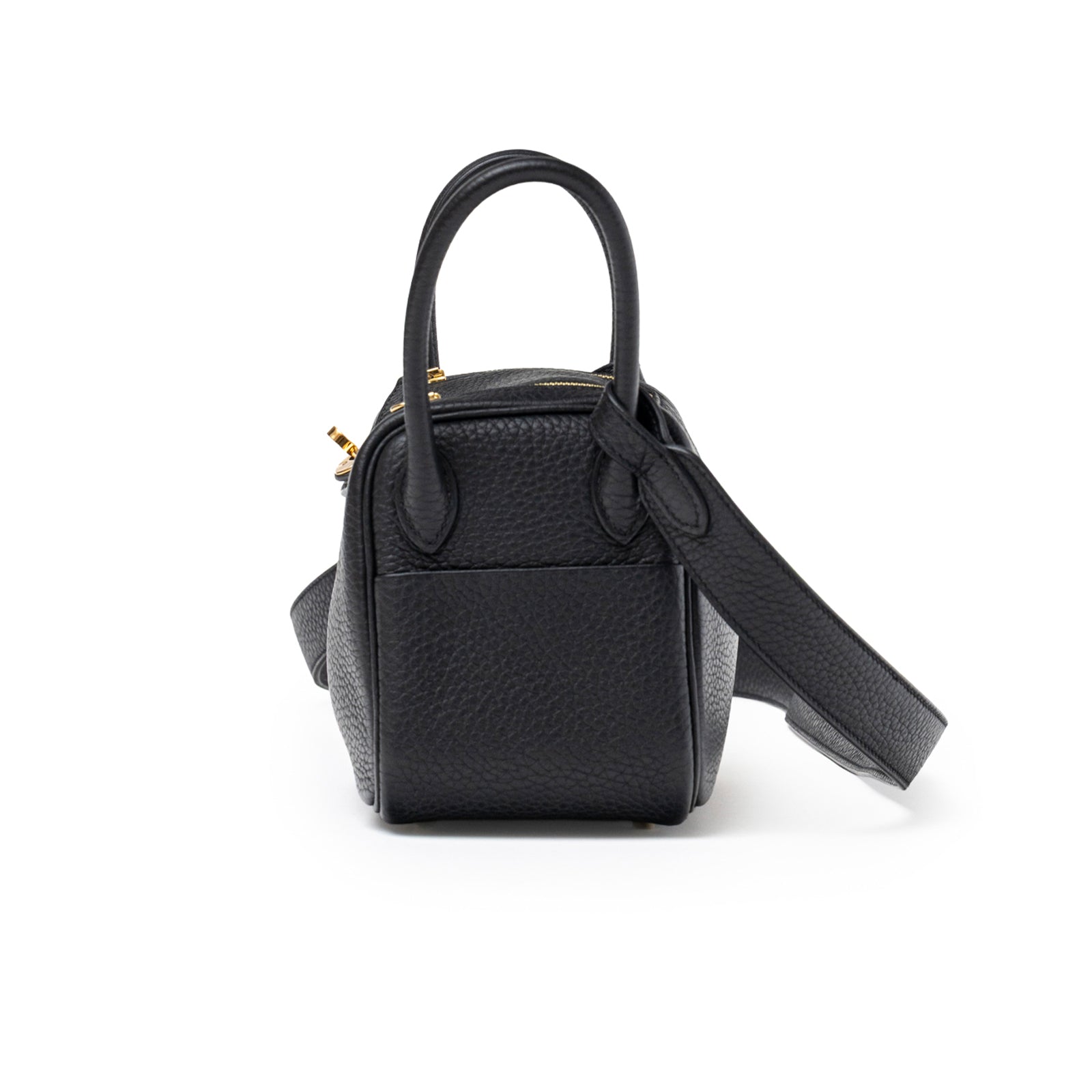 Rear angled view of Hermès Mini Lindy I Black Clemence Gold Hardware showing textured leather and strap details