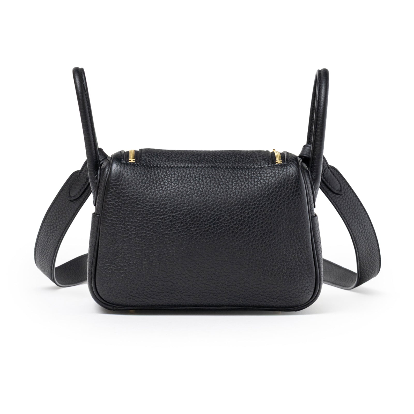 Back view of Hermès Mini Lindy I Black Clemence Gold Hardware with textured leather and adjustable strap