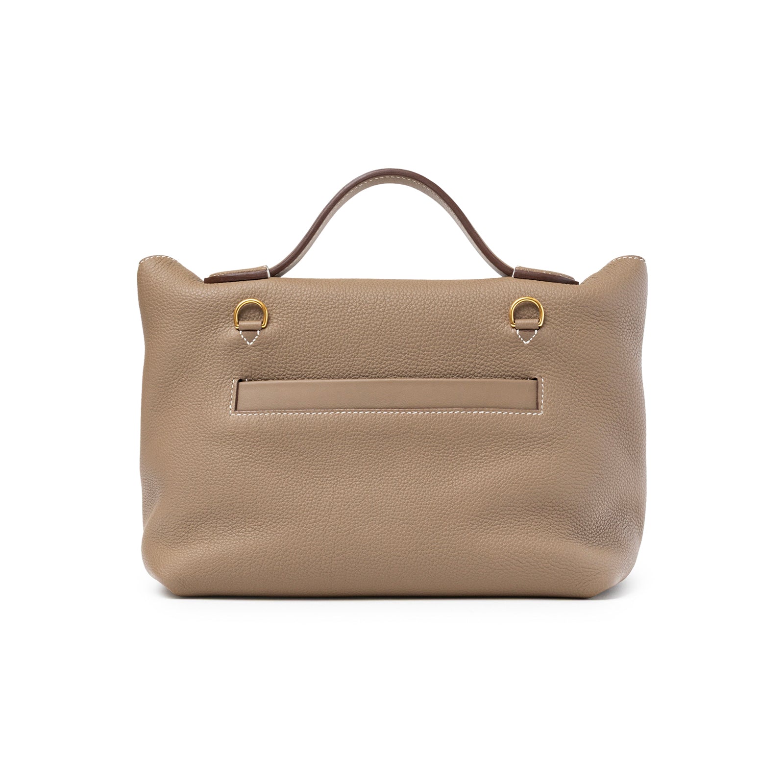 Back view of Hermès 24/24 29 Etoupe Togo and Swift Gold Hardware handbag with smooth leather handle and gold rings