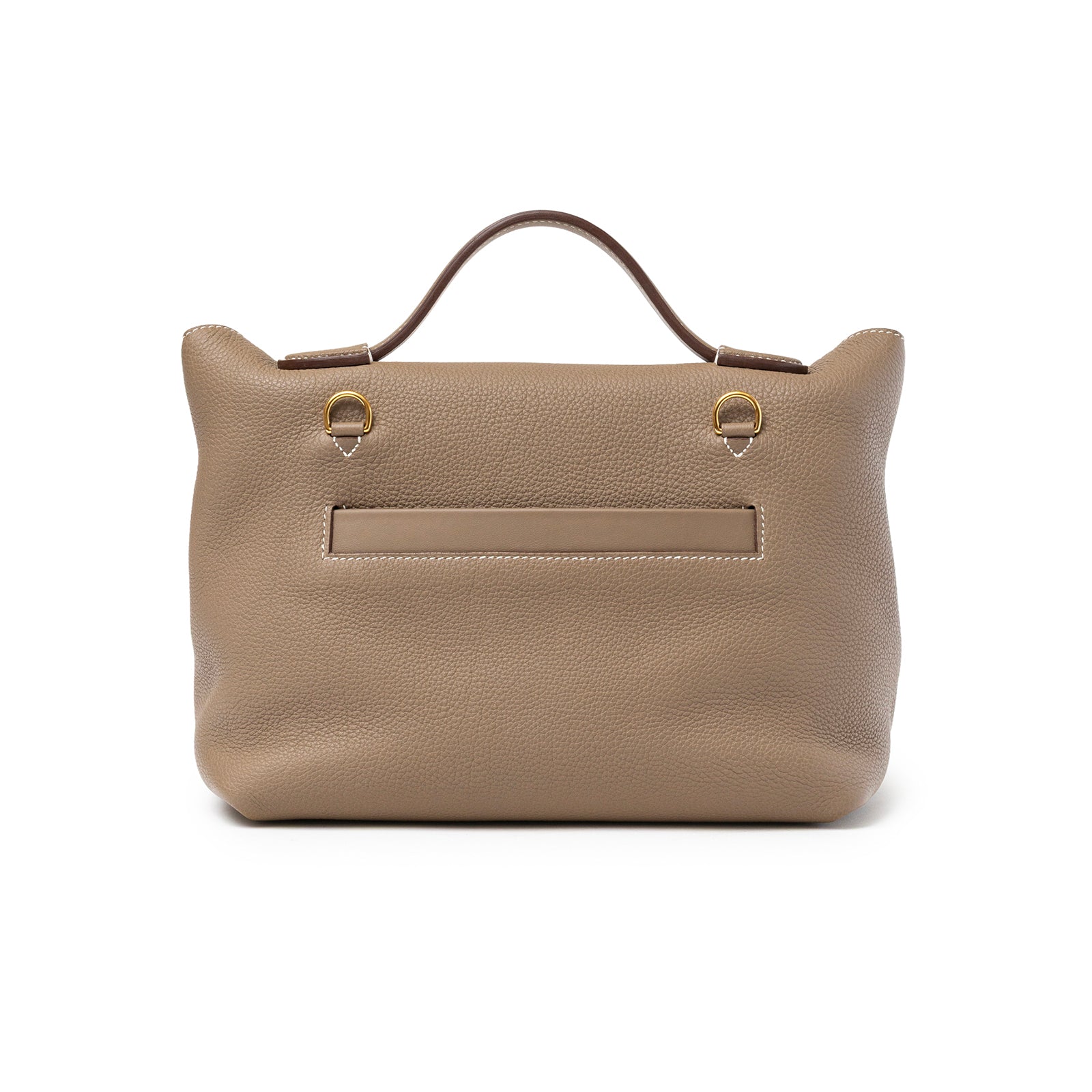 Back view of Hermès 24/24 29 Etoupe Togo and Swift Gold Hardware handbag showing handle and leather texture