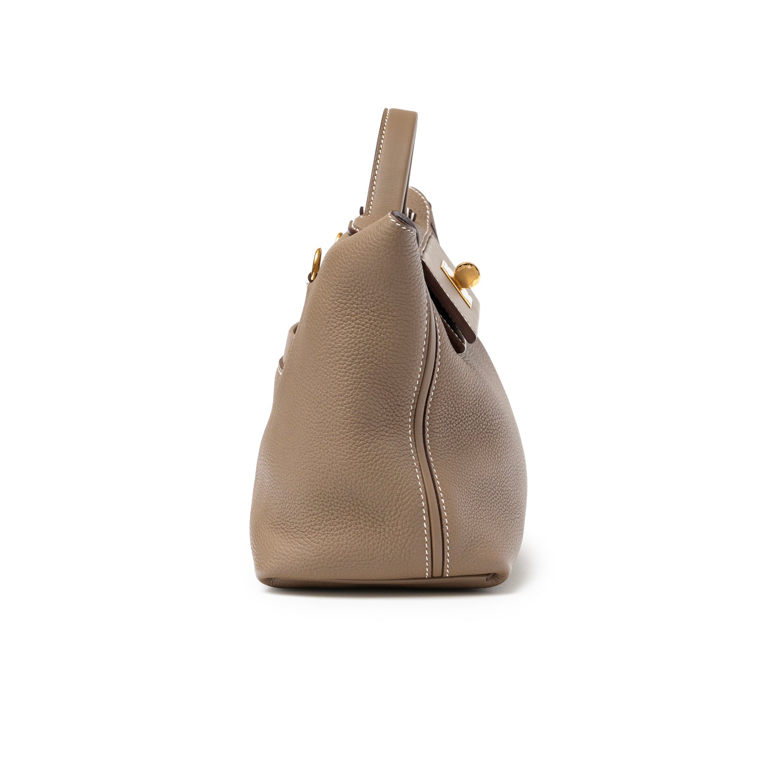 Side view of Hermès 24/24 29 Etoupe Togo and Swift Gold Hardware showing grain texture and stitching details