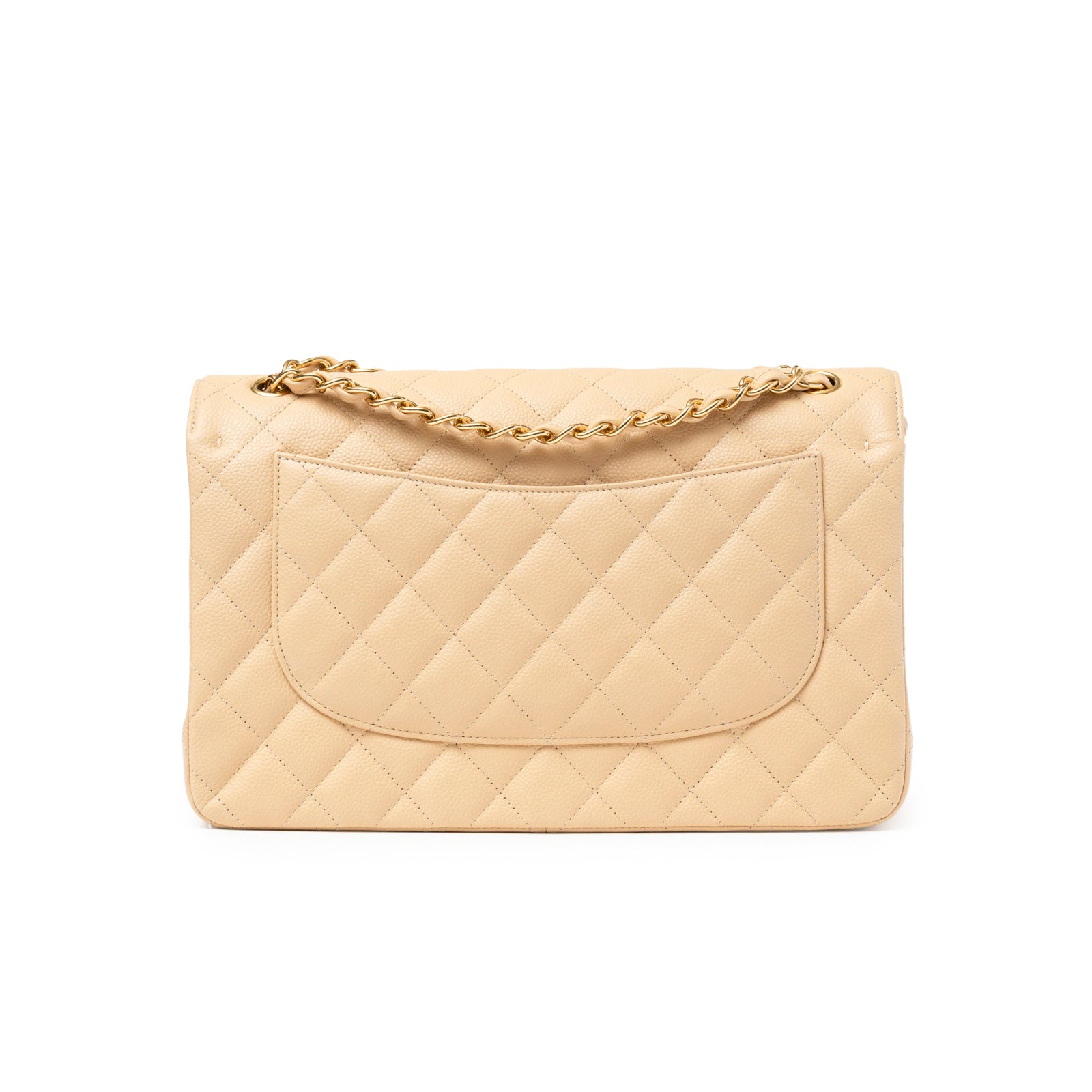 Back view of Chanel Classic Flap Jumbo Caviar Beige Gold Hardware with quilted leather and chain strap detail