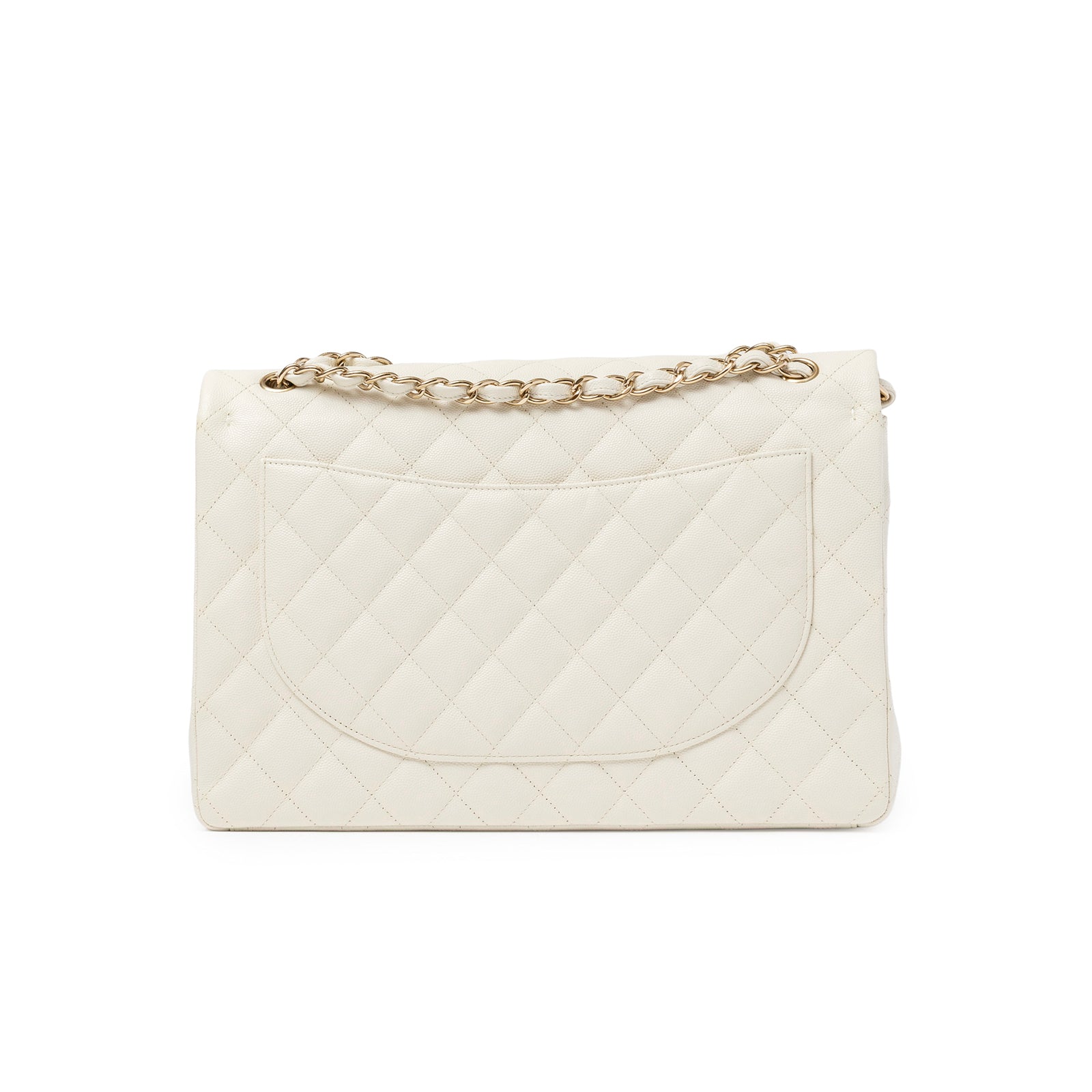 Back view of Chanel Classic Flap Maxi Caviar White Gold Hardware with quilted leather and chain strap.
