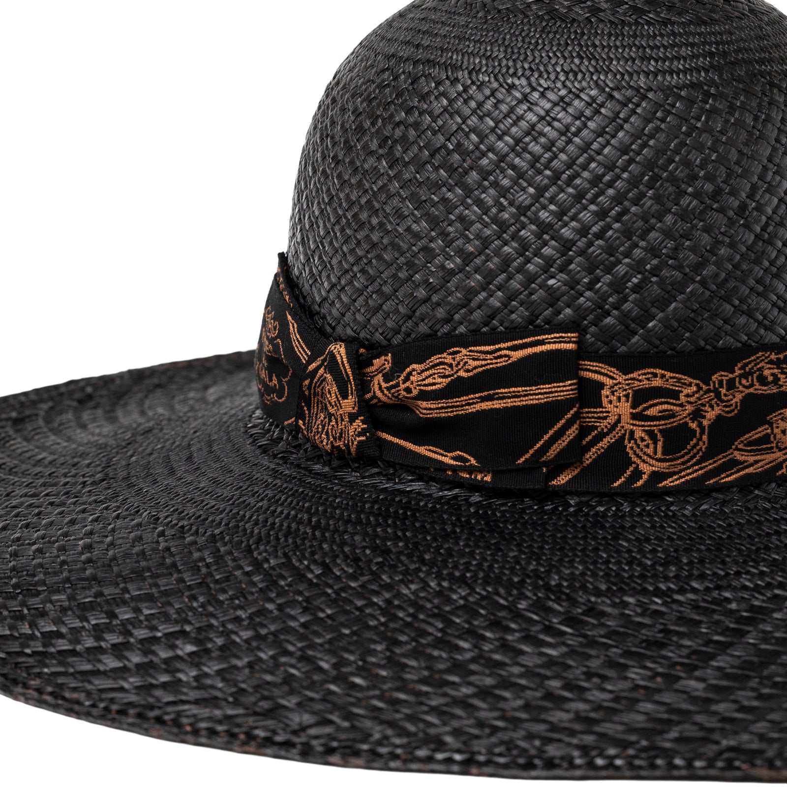 Close-up angled view of Hermès Bride De Gala Straw Hat Black and Terracotta with patterned band detail