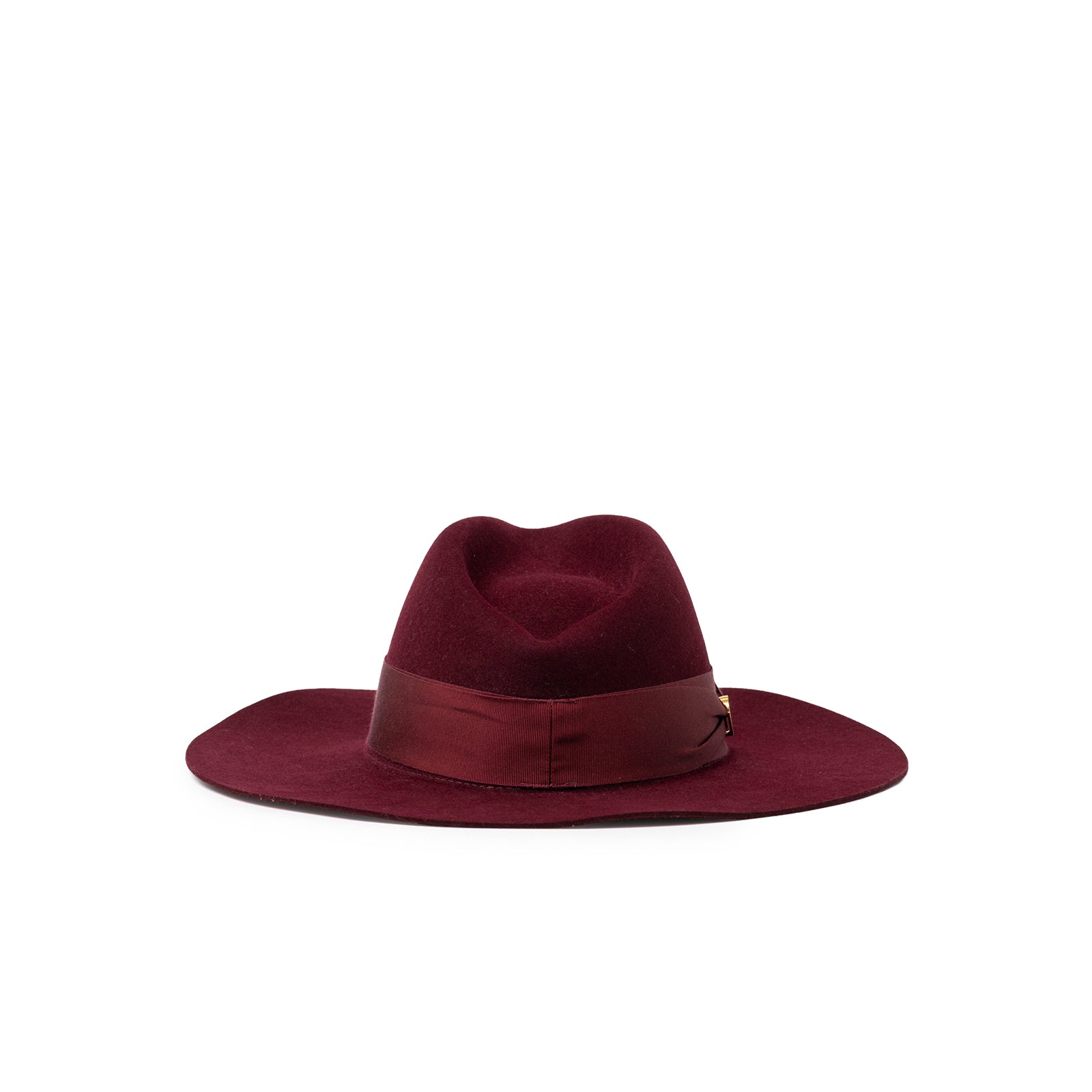 Back view of Hermès Felt Hat Red Lacquered Brass Heart in deep burgundy with wide brim and ribbon band