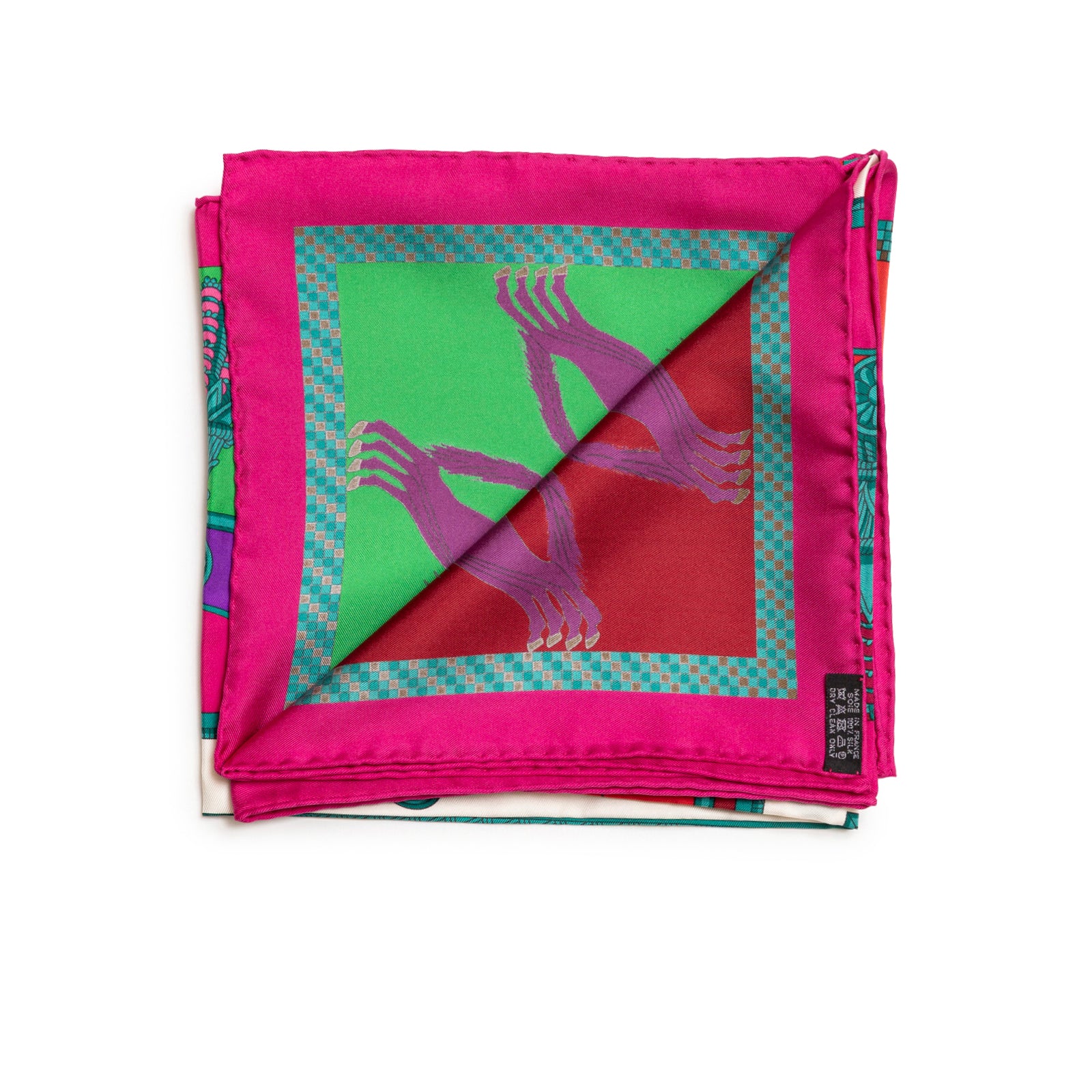 Folded view of Hermès Carre 90 Harnais Francais Silk Scarf Rouge Vert Multi showing vibrant corner design