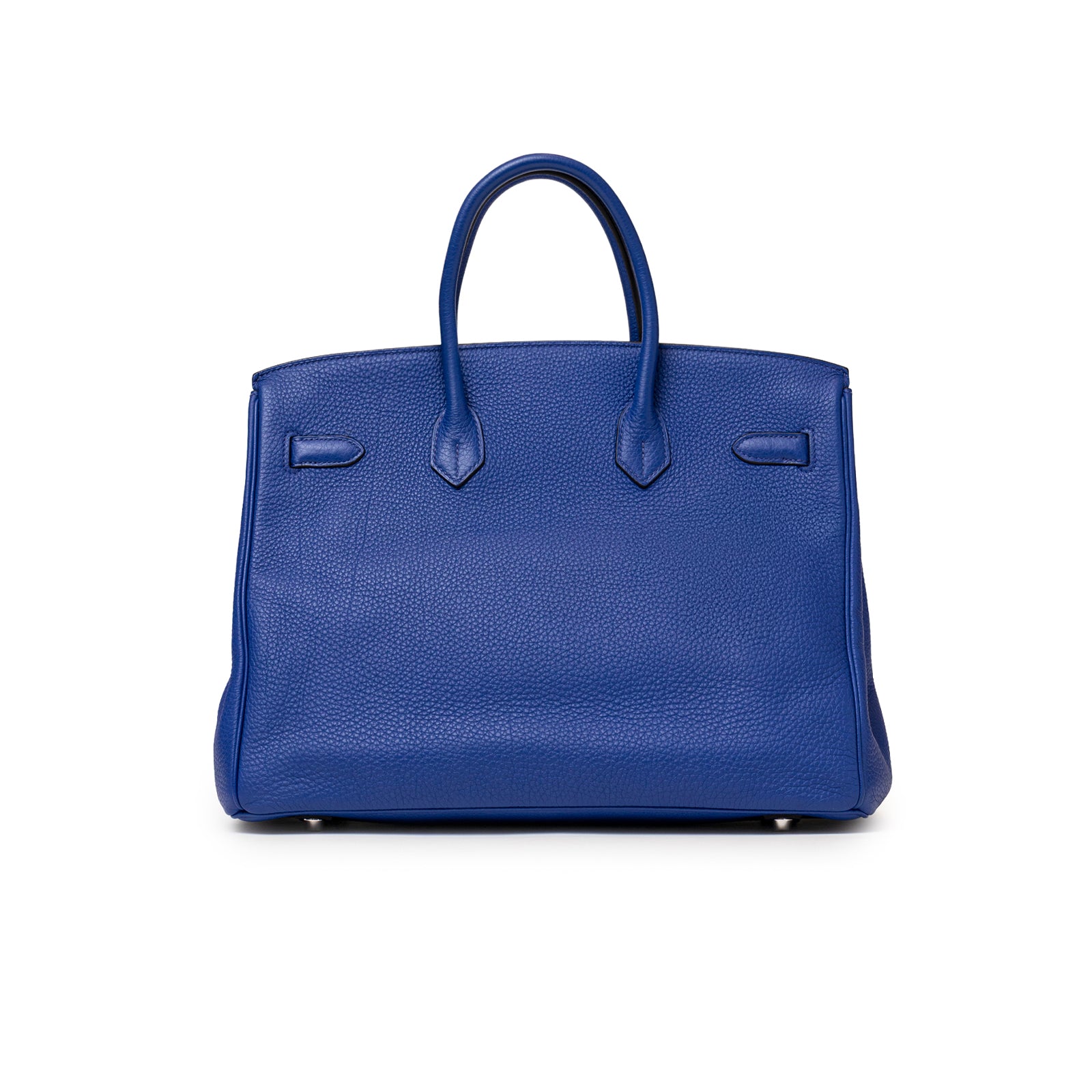 Back view of Hermès Birkin 35 Blue Electric Togo Palladium Hardware handbag with structured shape and smooth textured leather