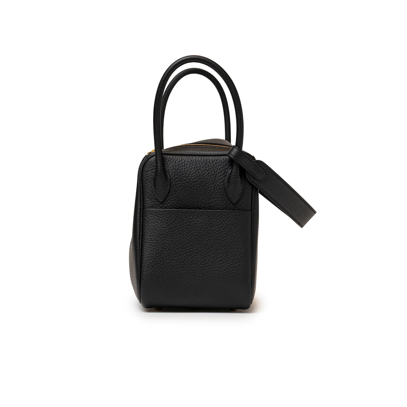 Elegant side view of Hermès Lindy 26 Black Clemence Gold Hardware bag showcasing textured leather handles and sleek silhouette