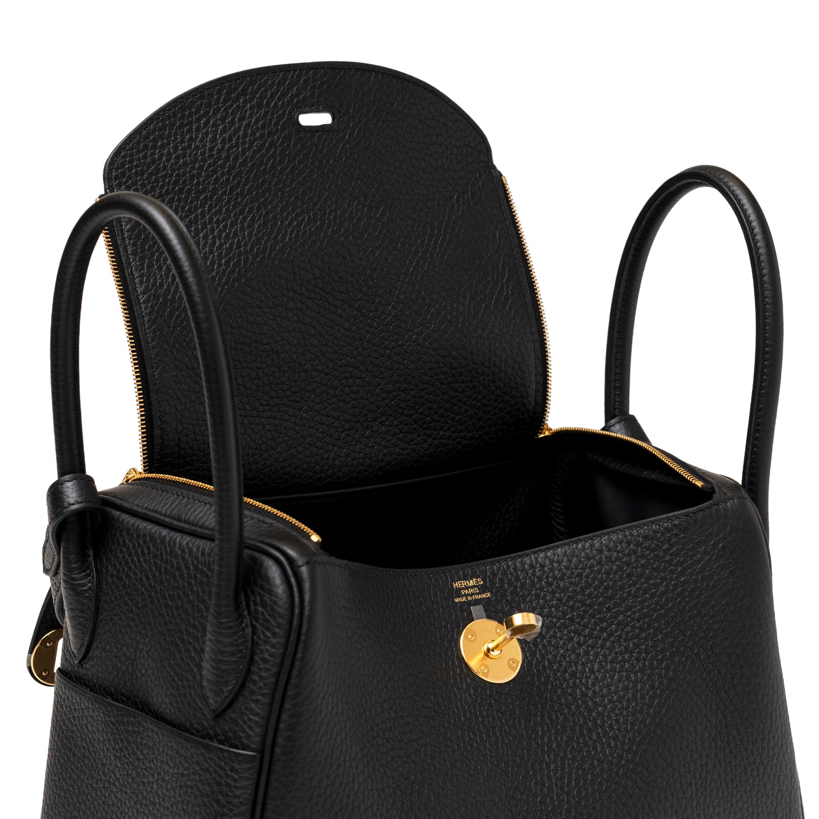 Hermès Lindy 26 Black Clemence Gold Hardware with open top showing spacious interior and elegant gold clasp details