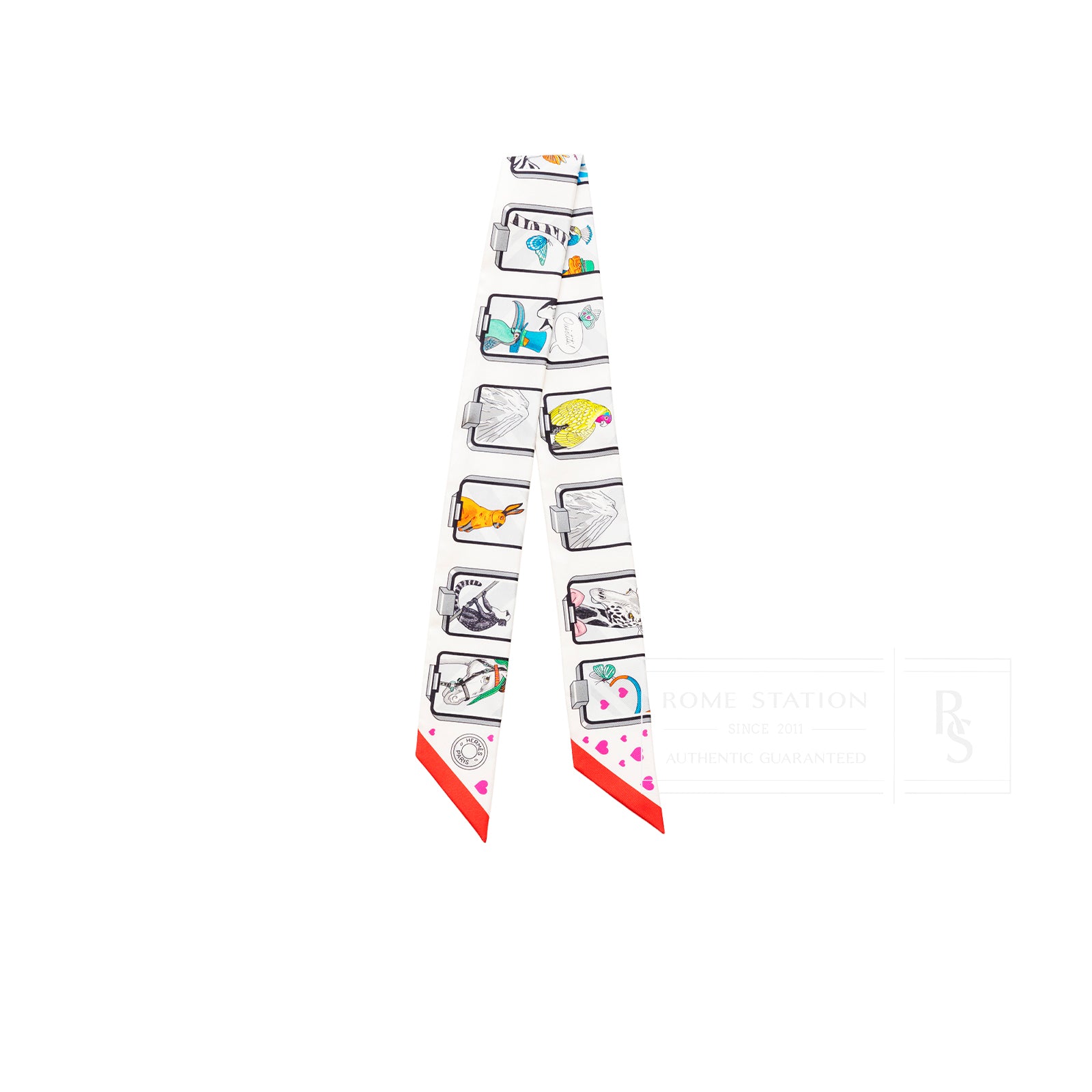 Hermès Twilly Hermès Story Blanc Gris Rouge featuring artistic prints with a blend of white, gray, and red accents in elegant design