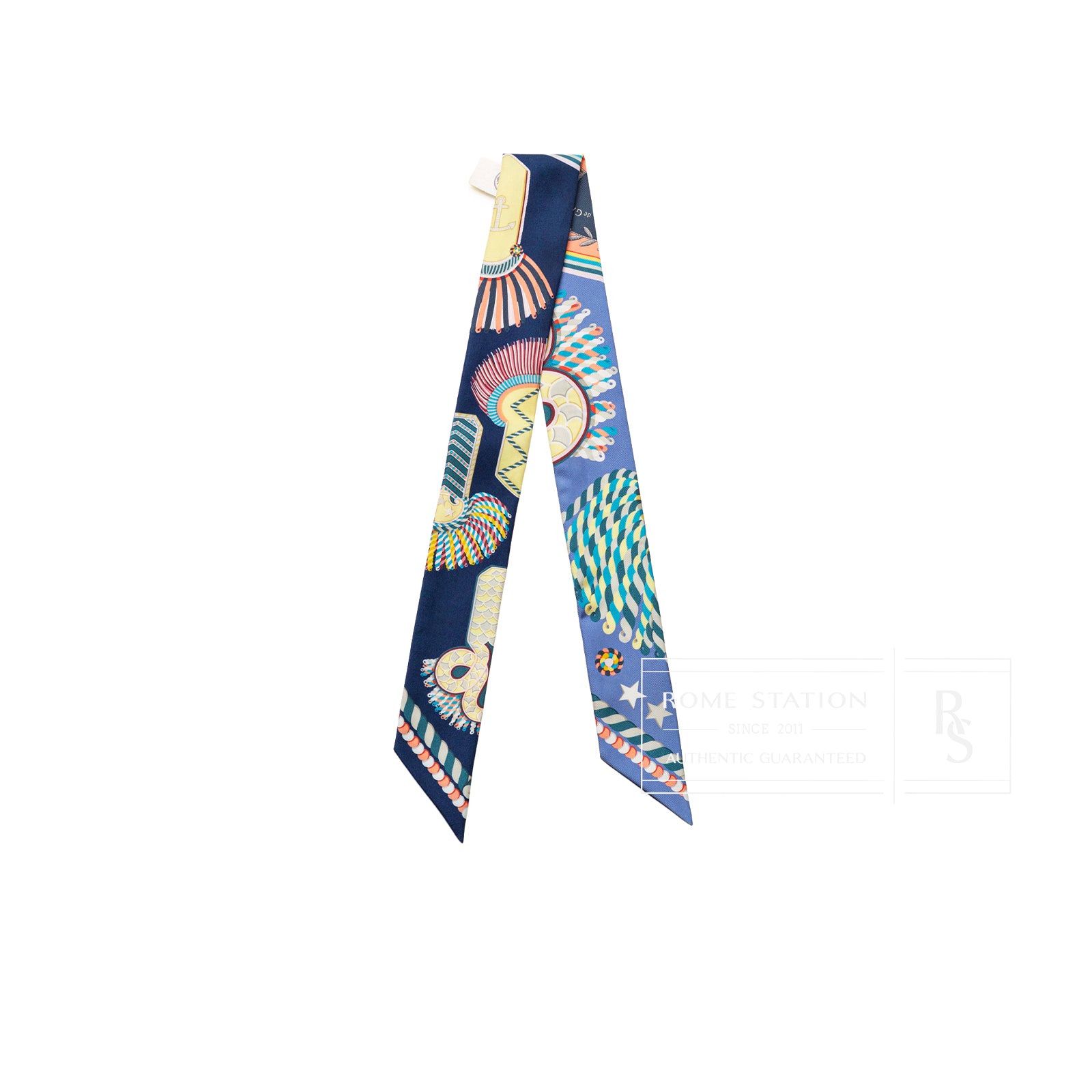 Hermès Twilly Epaulettes De Gala Marine Jaune Pale Mysotosis featuring intricate multicolor patterns on a silk fabric ribbon accessory