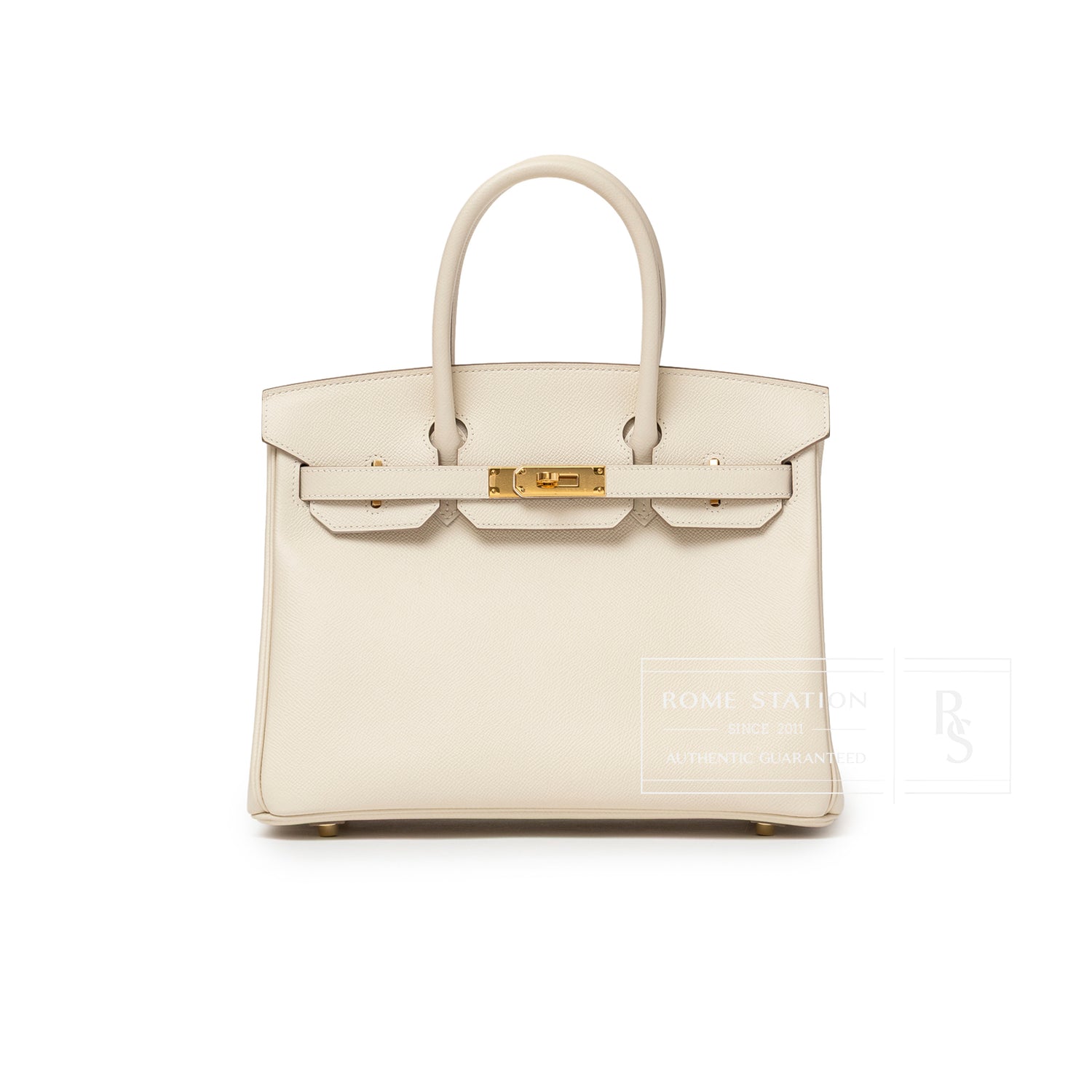Front view of Hermès Birkin 30 Craie Epsom Gold Hardware showing cream leather and polished gold clasp detail
