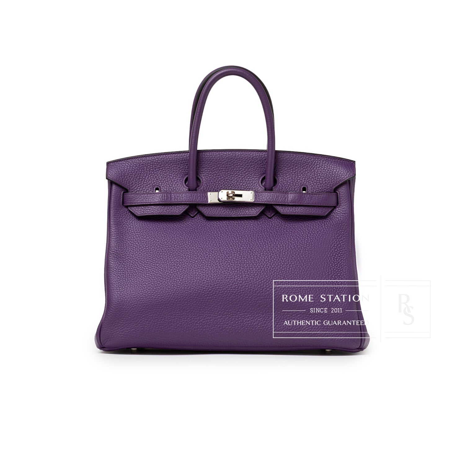 Front view of Hermès Birkin 35 Violet Togo Palladium Hardware showing pebbled leather and silver clasp detail