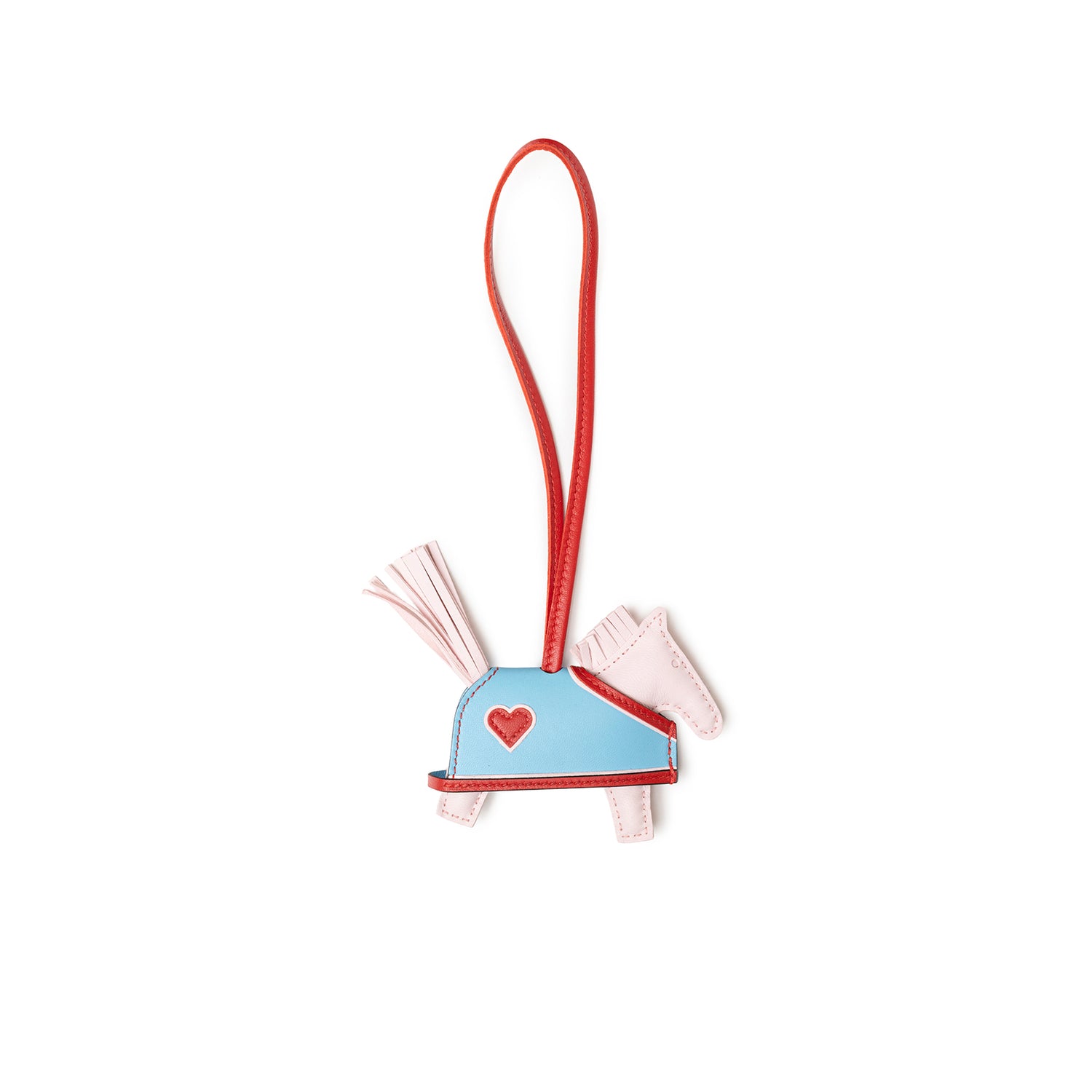 Back view of Hermès Rodeo Robeo Coeur Charm PM Rose Darling Rouge Radieux Celeste Milo Lambskin showing heart detail and strap