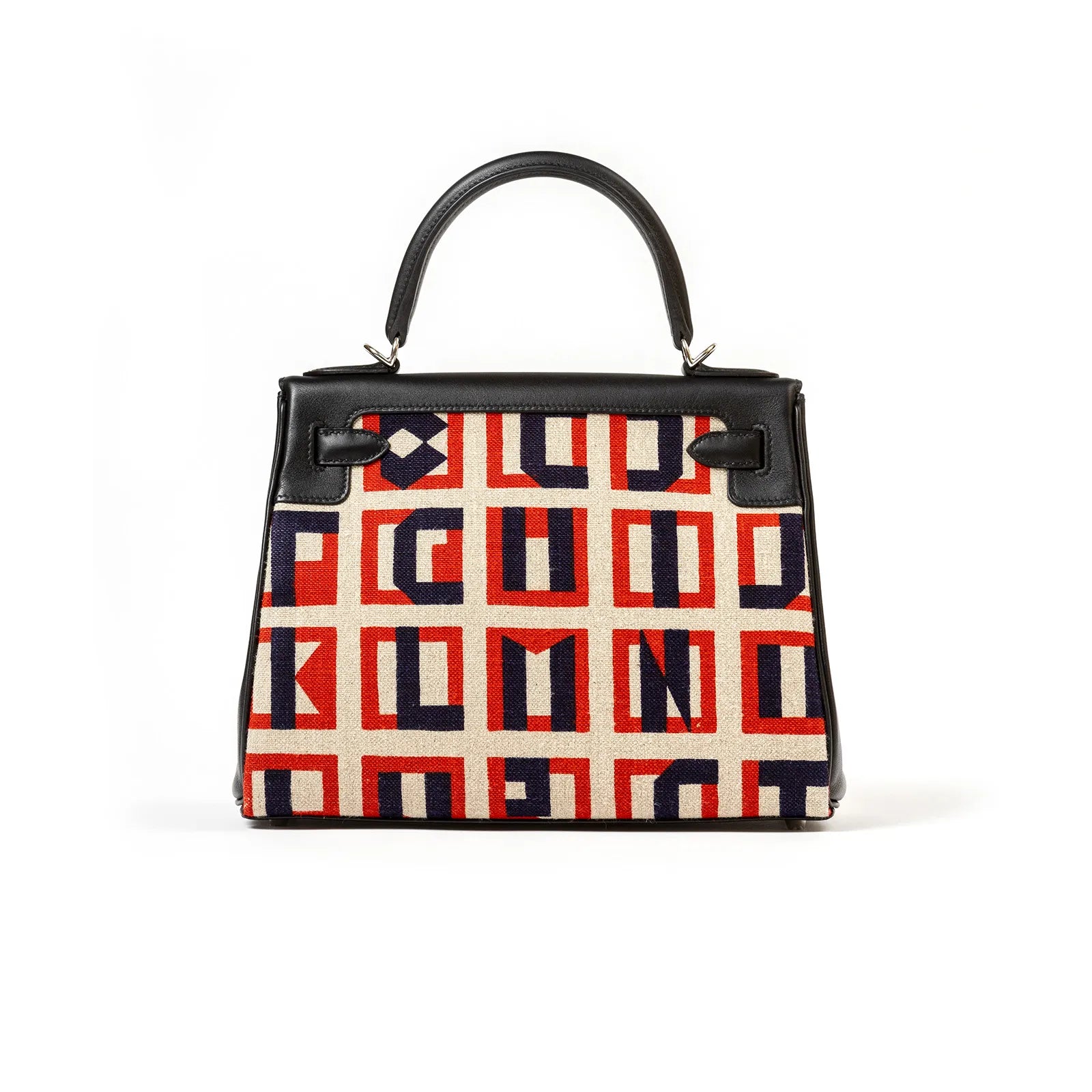 Hermès Kelly Retourne 28 Letter Au Carre Black Toile/Swift Palladium Hardware