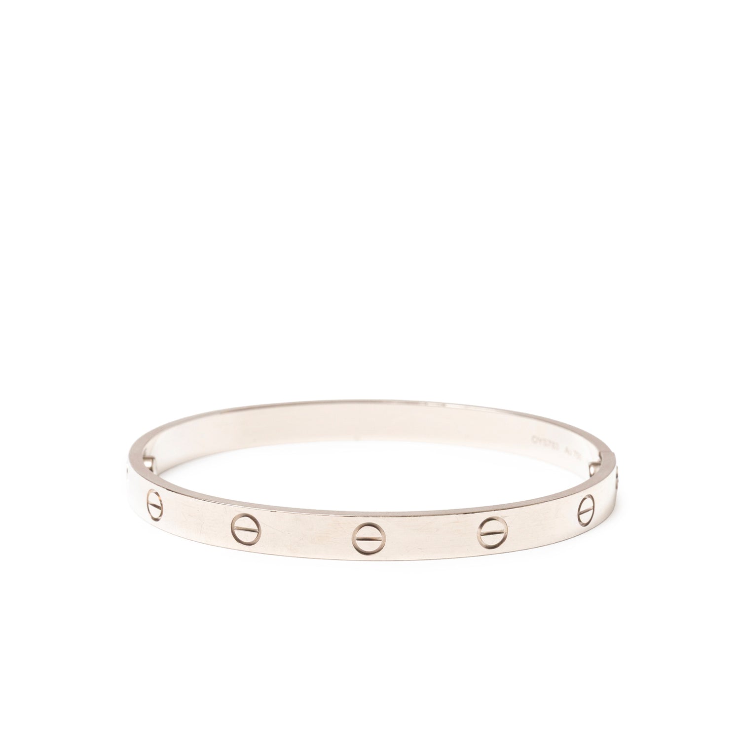 Front view of Cartier Love Bracelet Classic Model 18K White Gold with engraved screw motif on smooth surface