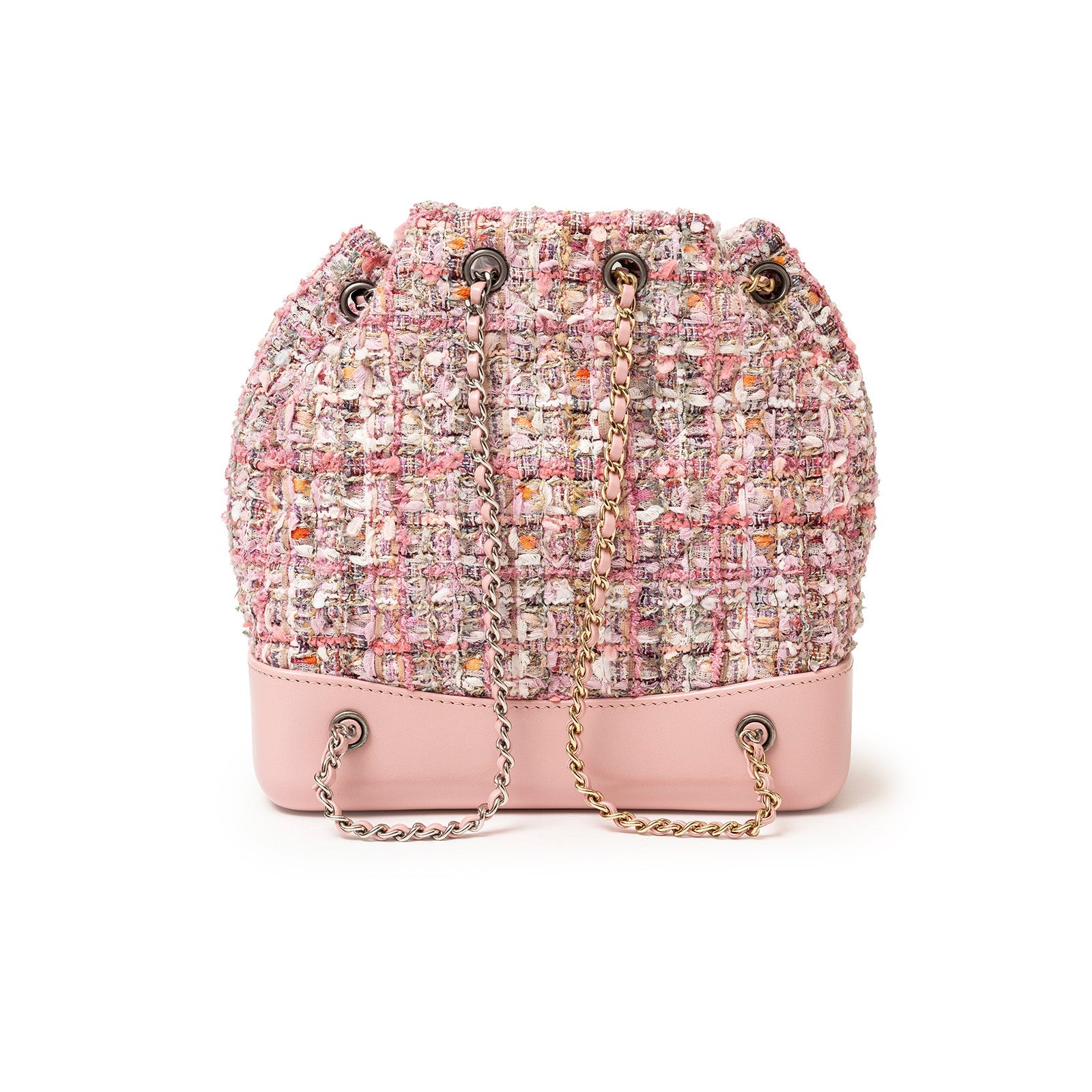 Back view of Chanel 19S Backpack Pink Tweed Palladium and Gold Hardware with mixed chain straps and pink leather base