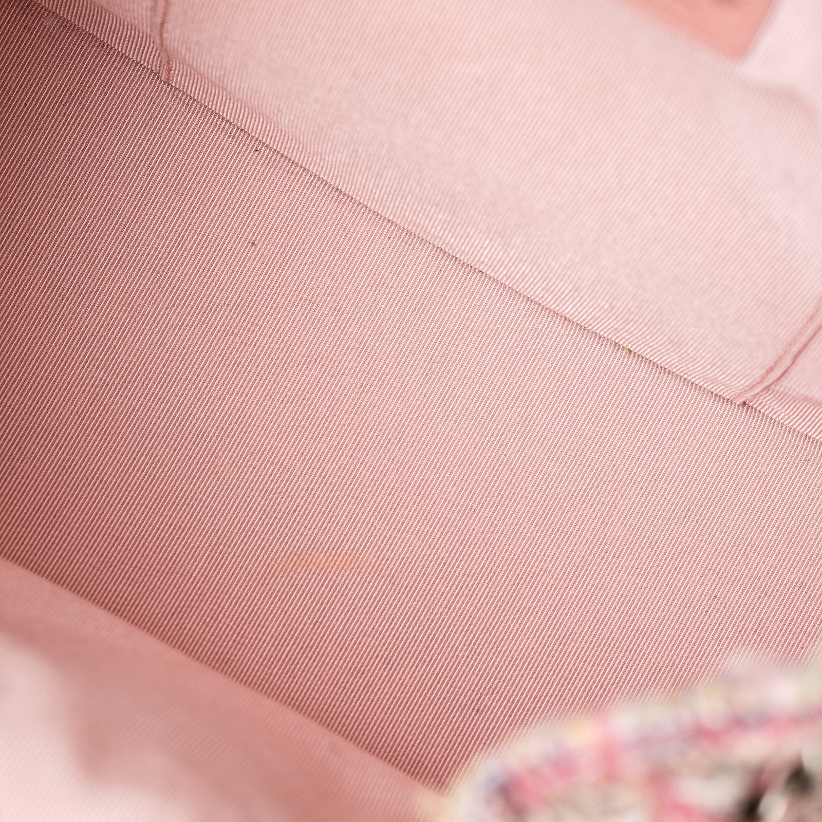 Close-up interior view of the pink fabric lining inside the Chanel 19S Backpack Pink Tweed Palladium and Gold Hardware.