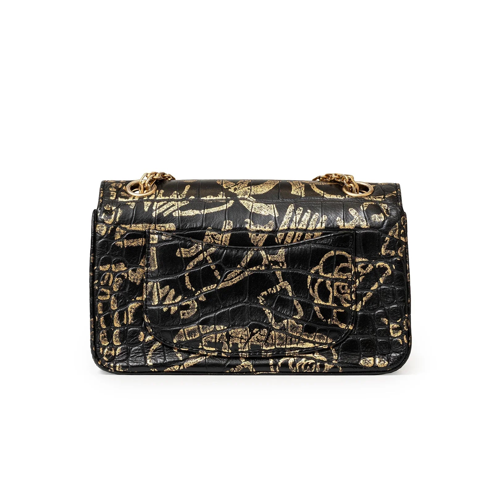 Chanel 2.55 Reissue 224 Flap Bag Black and Gold Graffiti Crocodile Embossed Calfskin Gold Hardware