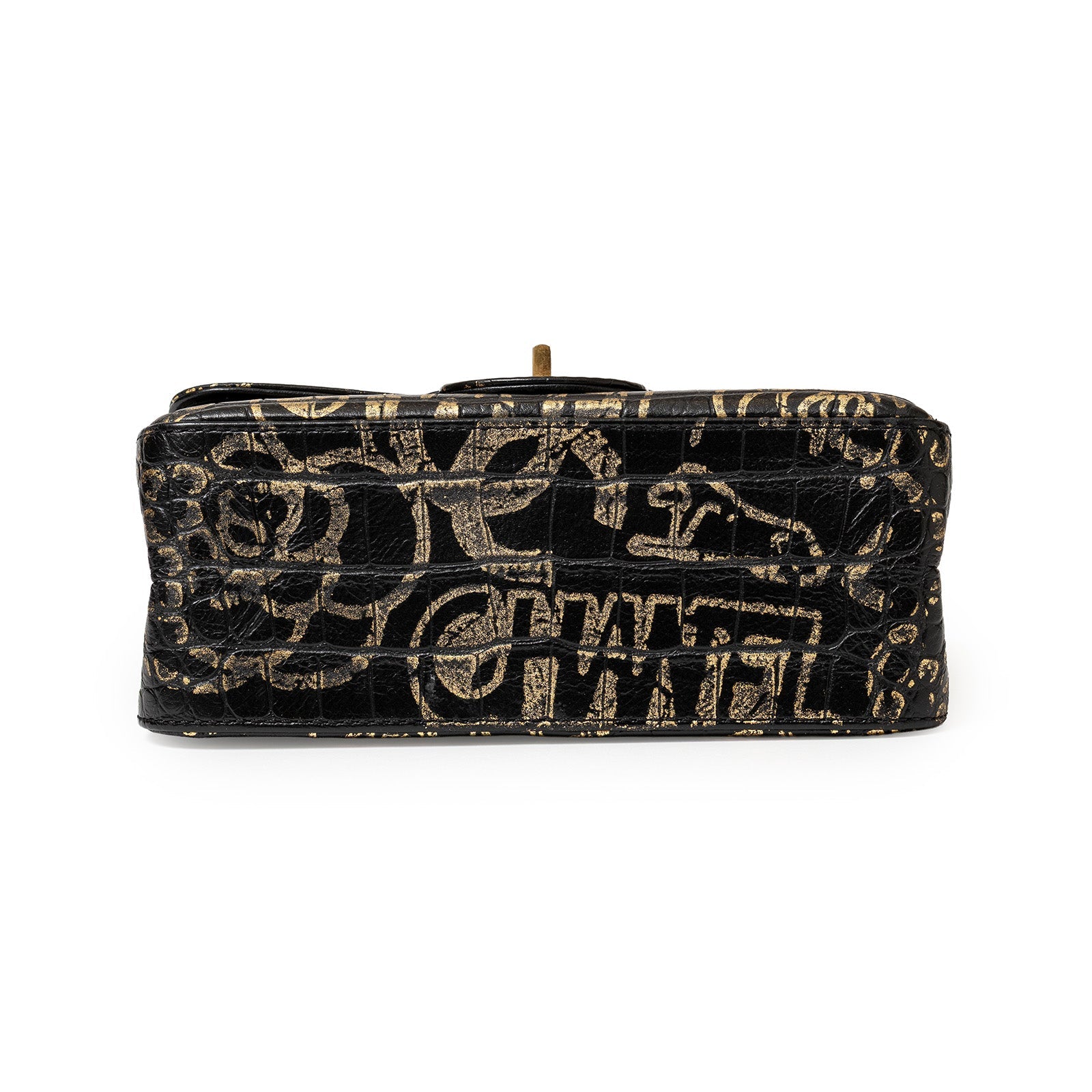 Chanel 2.55 Reissue 224 Flap Bag Black and Gold Graffiti Crocodile Embossed Calfskin Gold Hardware