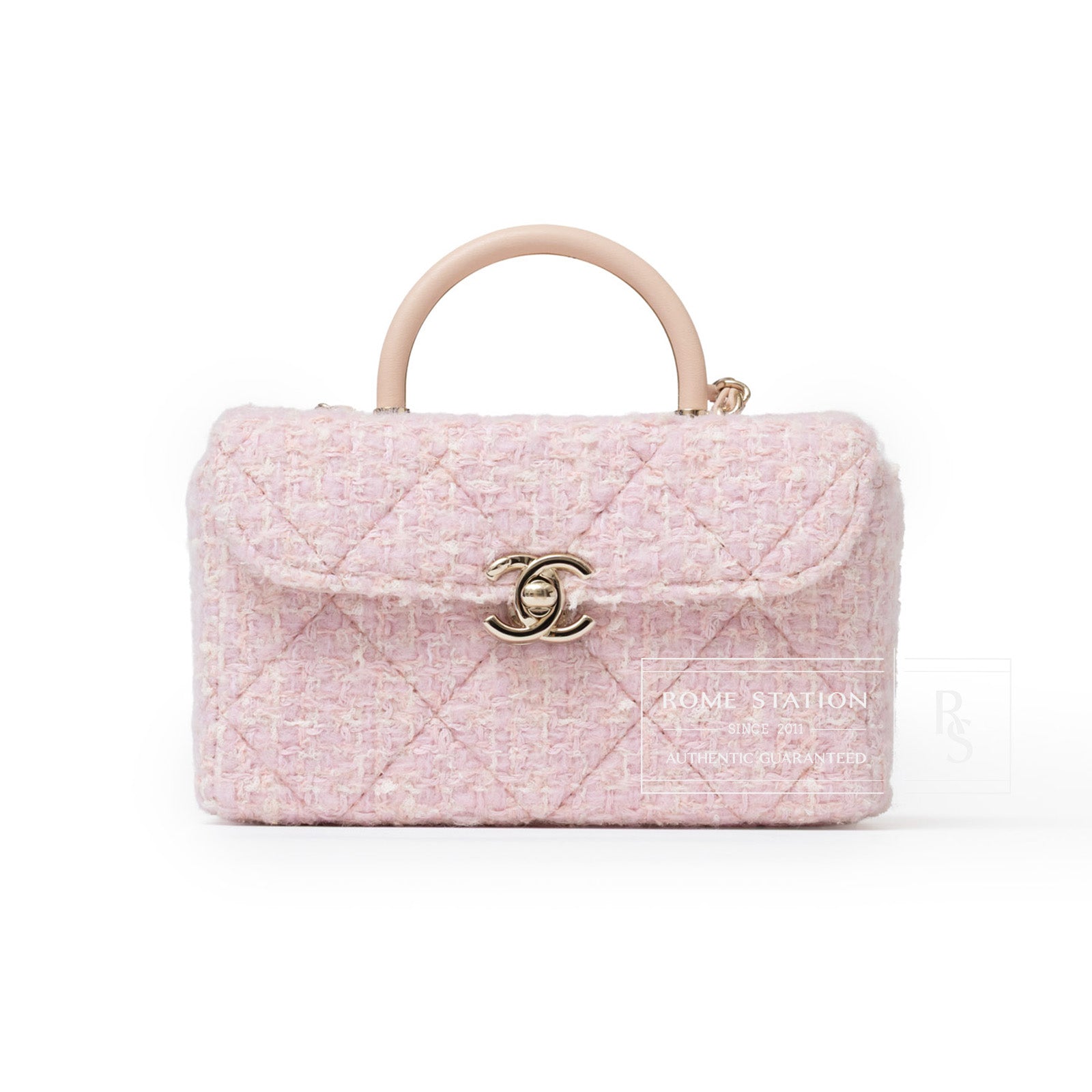 Front view of Chanel 23K Top Handle Vanity Box Tweed Chain Bag Pink Permabrass Hardware with quilted texture and logo clasp