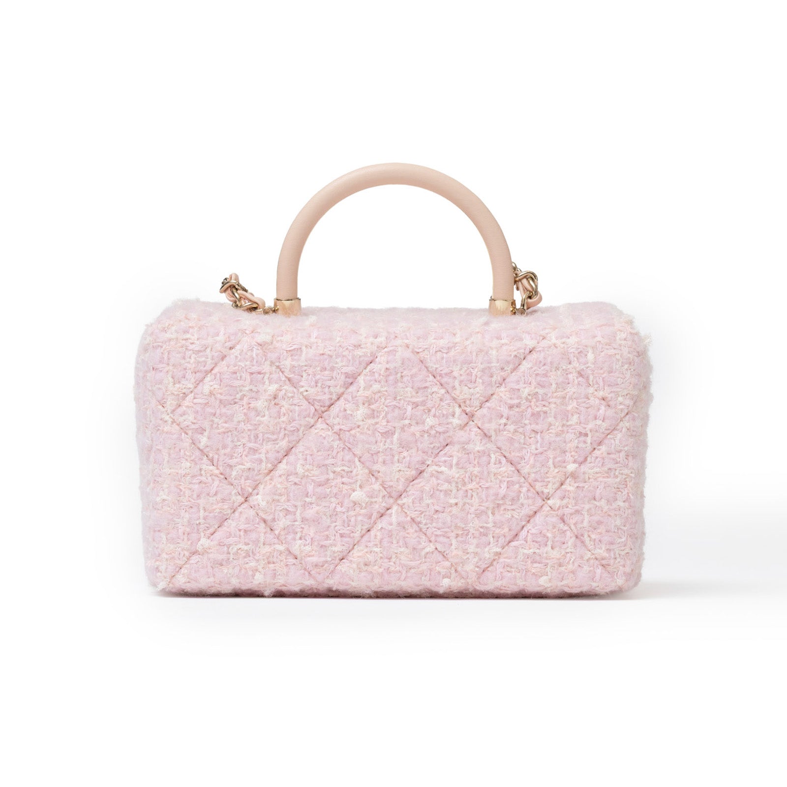 Back view of Chanel 23K Top Handle Vanity Box Tweed Chain Bag Pink Permabrass Hardware with quilted texture and rounded handle