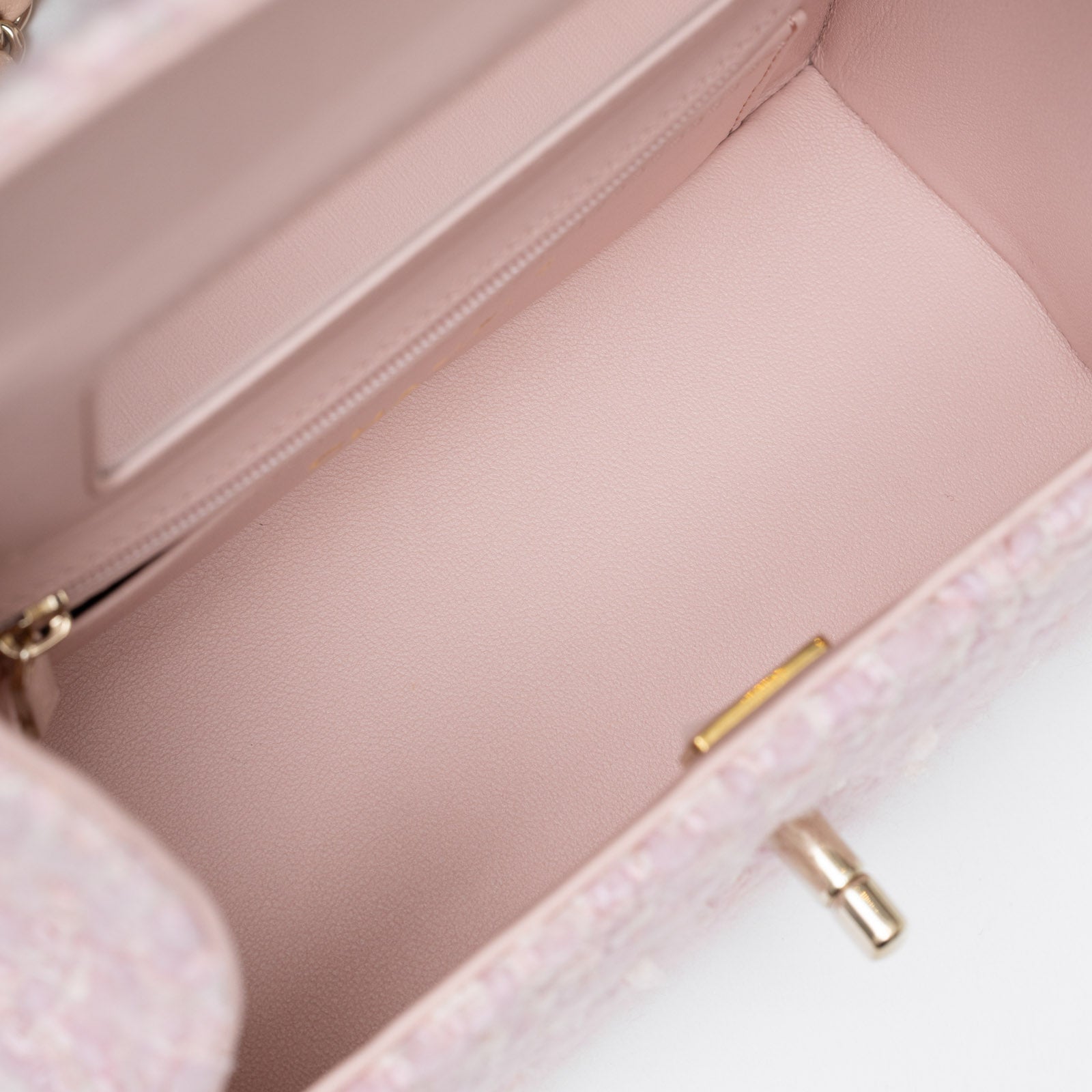 Chanel 23K Top Handle Vanity Box Pink Tweed Chain Bag Permabrass