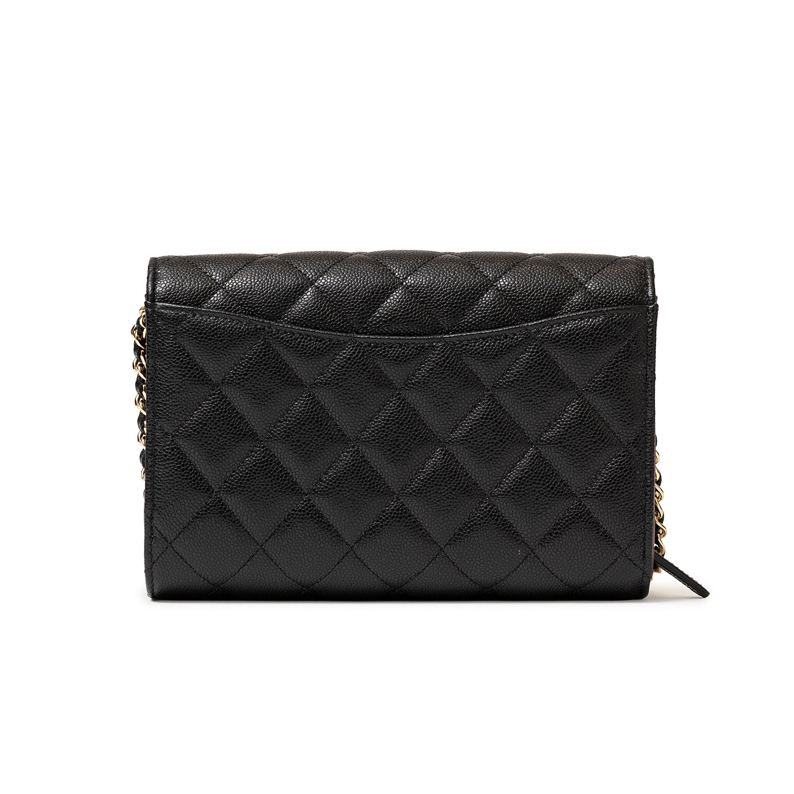 Back view of Chanel 24S Classic Clutch On Chain Caviar Black Gold Hardware with quilted texture and slip pocket detail