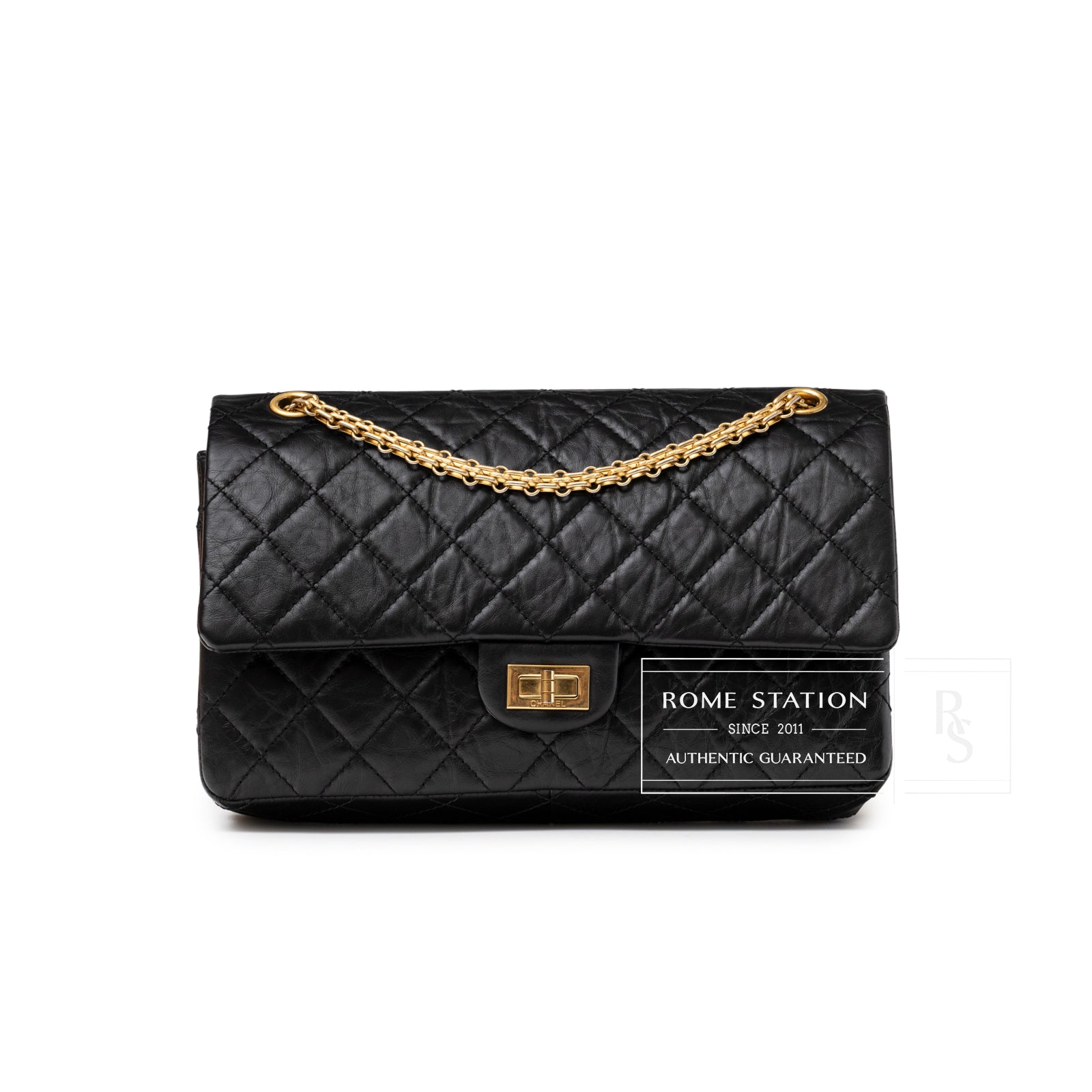 Front view of Chanel 2.55 Reissue 226 Flap Black Aged Calfskin Brushed Gold Hardware with chain strap and turn-lock clasp