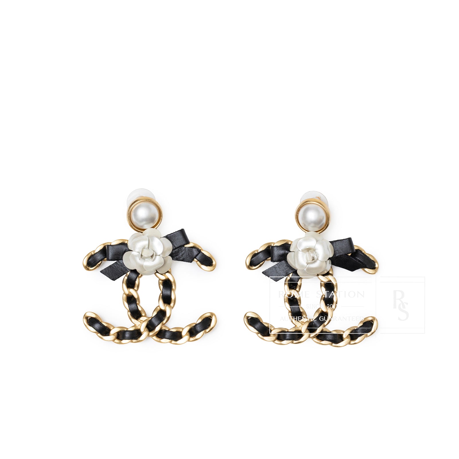 Front view of Chanel Black Bow With Camellia CC Earrings Gold Hardware featuring pearl studs and black ribbon accents