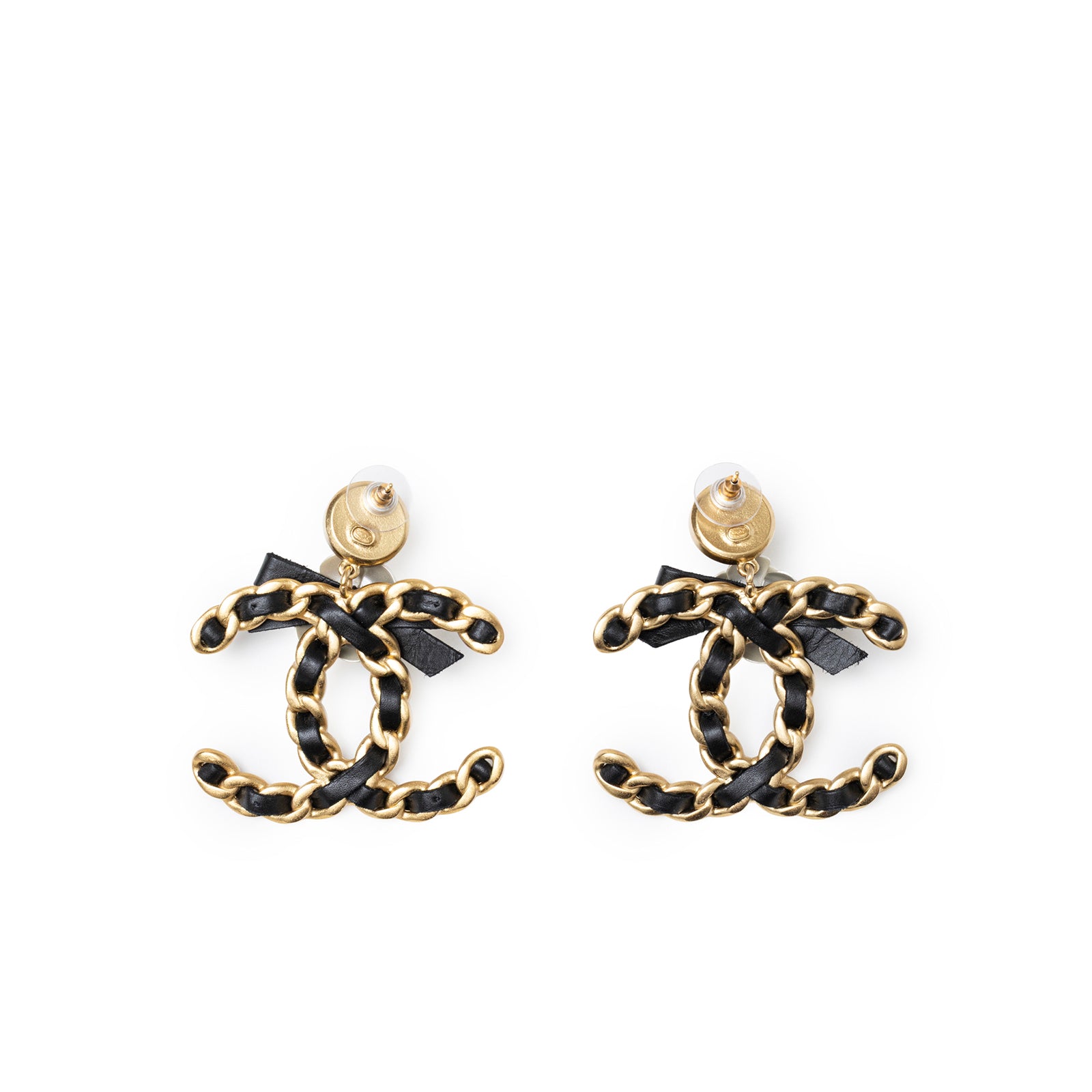 Front view of Chanel Black Bow With Camellia CC Earrings Gold Hardware featuring intertwined chain design and black bow detail.